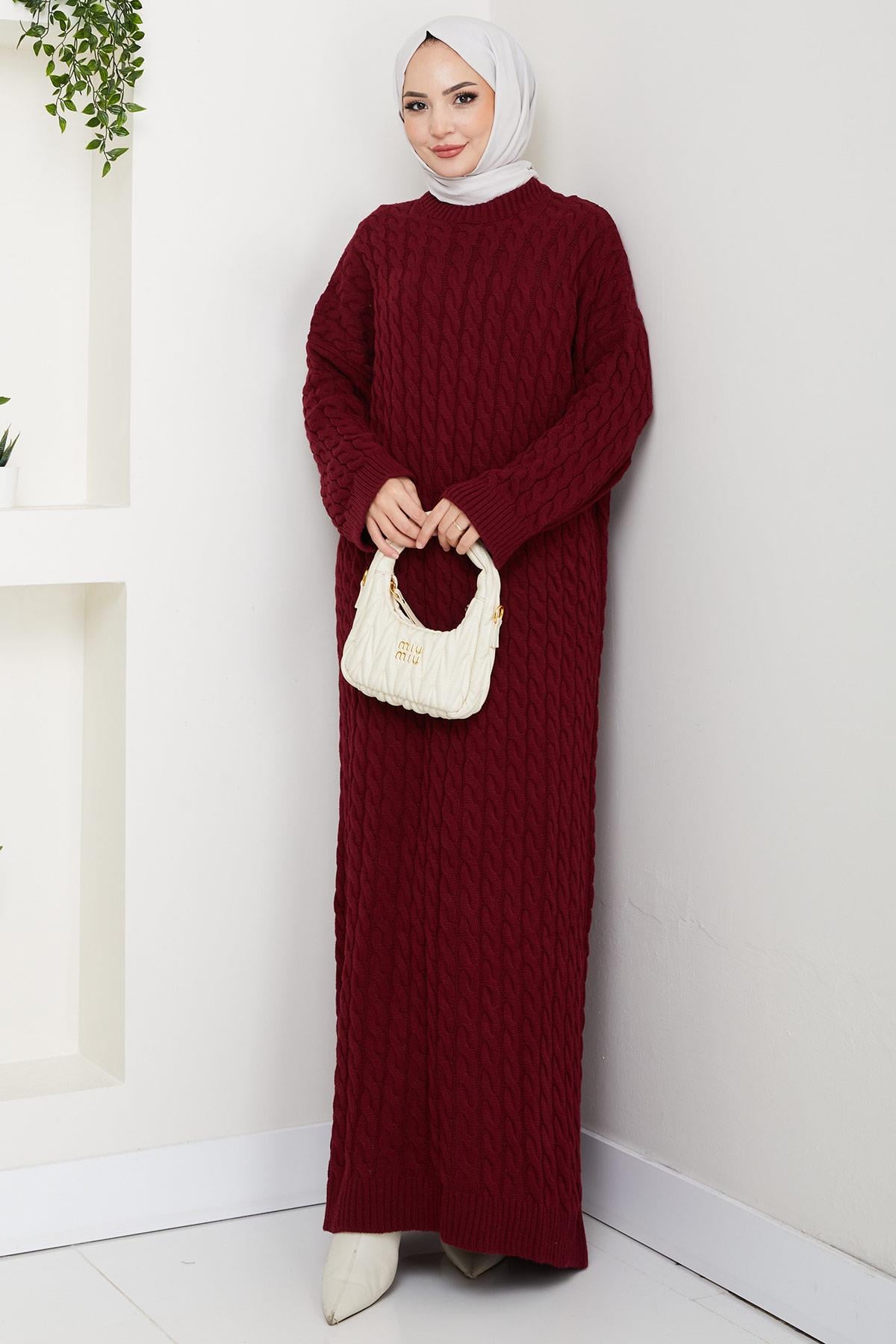 Örgü Desen Triko Elbise Bordo HM2526