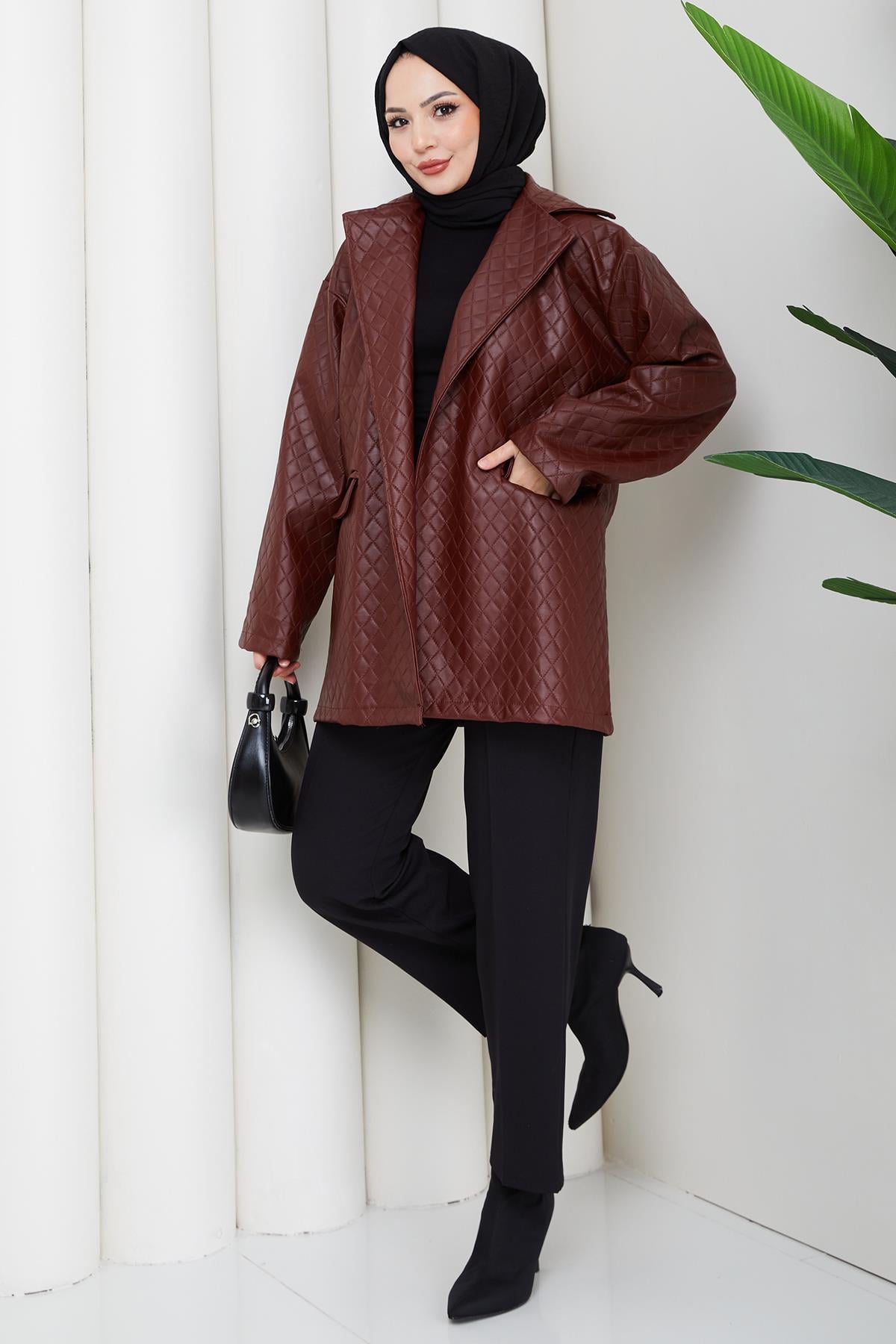 Oversize Kabartmalı Suni Deri Ceket Bordo HM2885