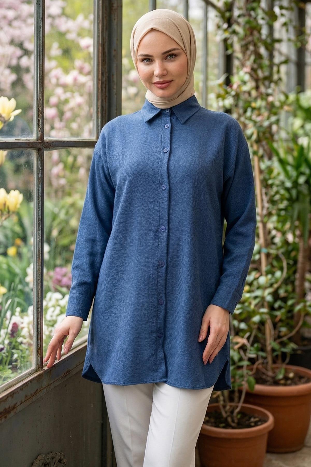 Oversize Keten Gömlek Mavi HM2904