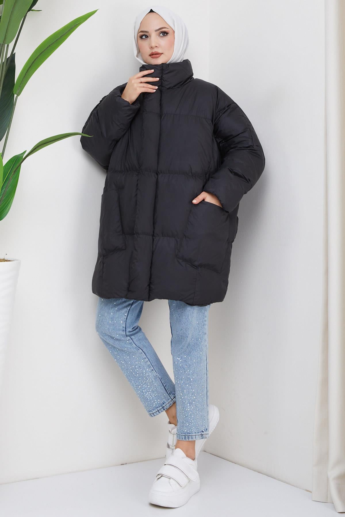 Oversize Torba Cep Şişme Mont Siyah HM2317
