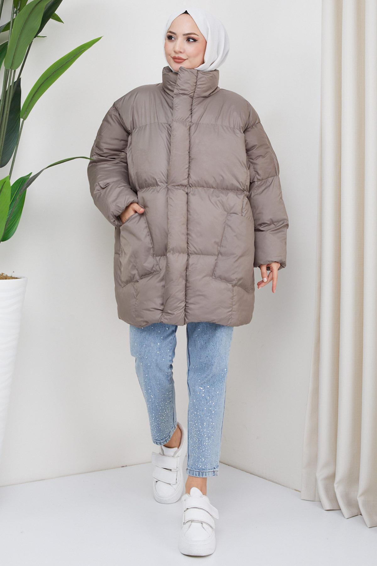 Oversize Torba Cep Şişme Mont Vizon HM2317