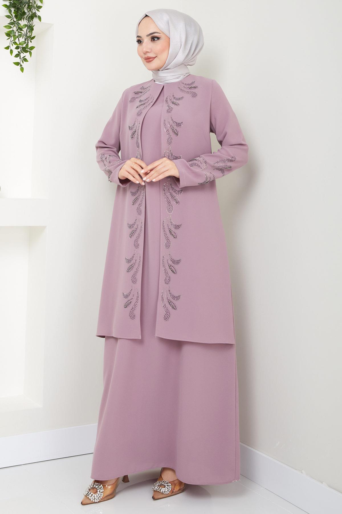 Parıltı Taş Detaylı Büyük Beden Anne Elbisesi Pembe HM2426
