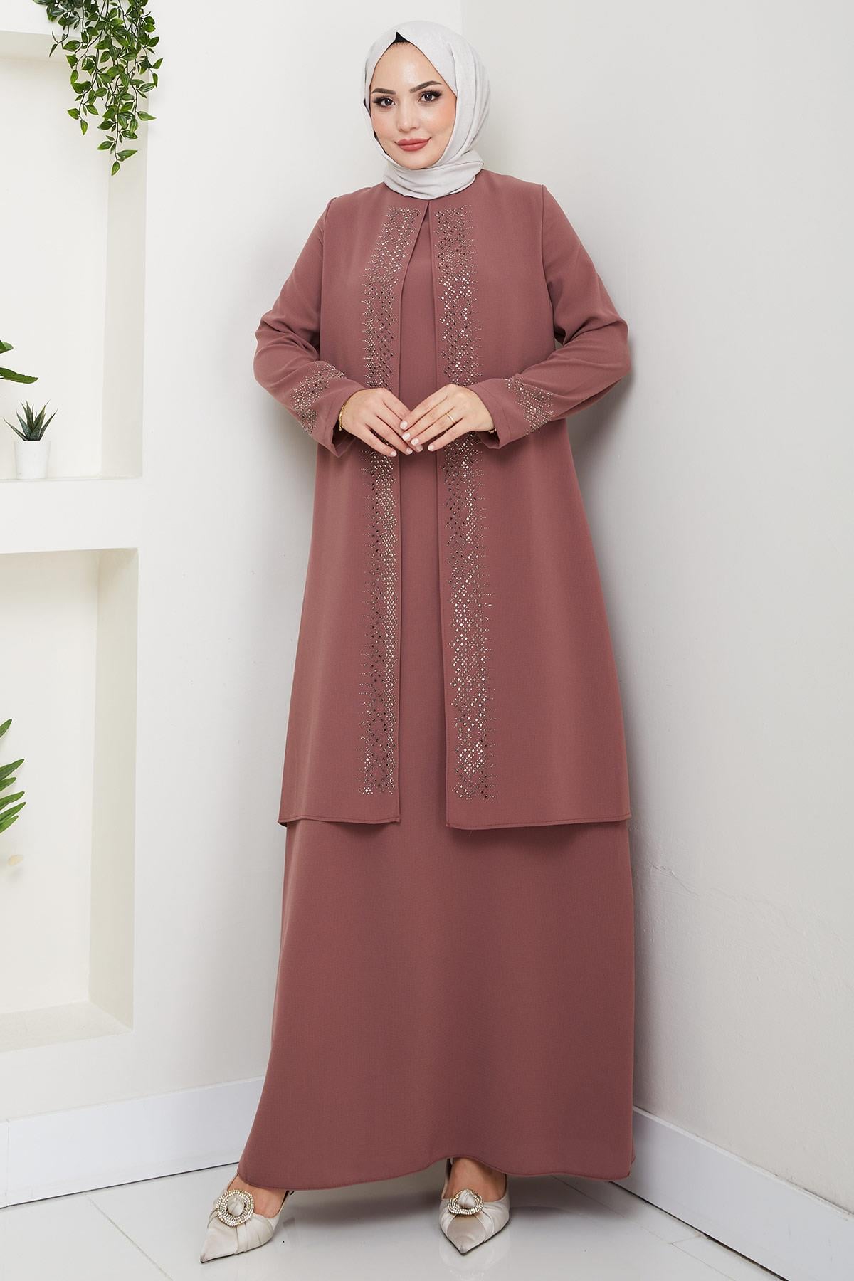 Parlak Taşlı Büyük Beden Anne Elbisesi Kiremit HM2856