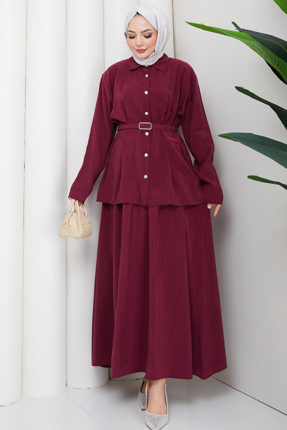 Pensli Kemerli Etekli Takım Bordo HM2883