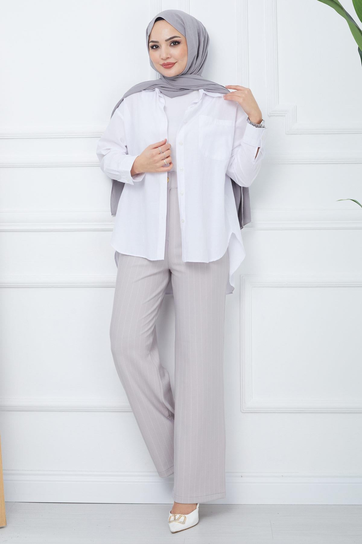 Pileli Çizgili Pantolon Gri HM2354