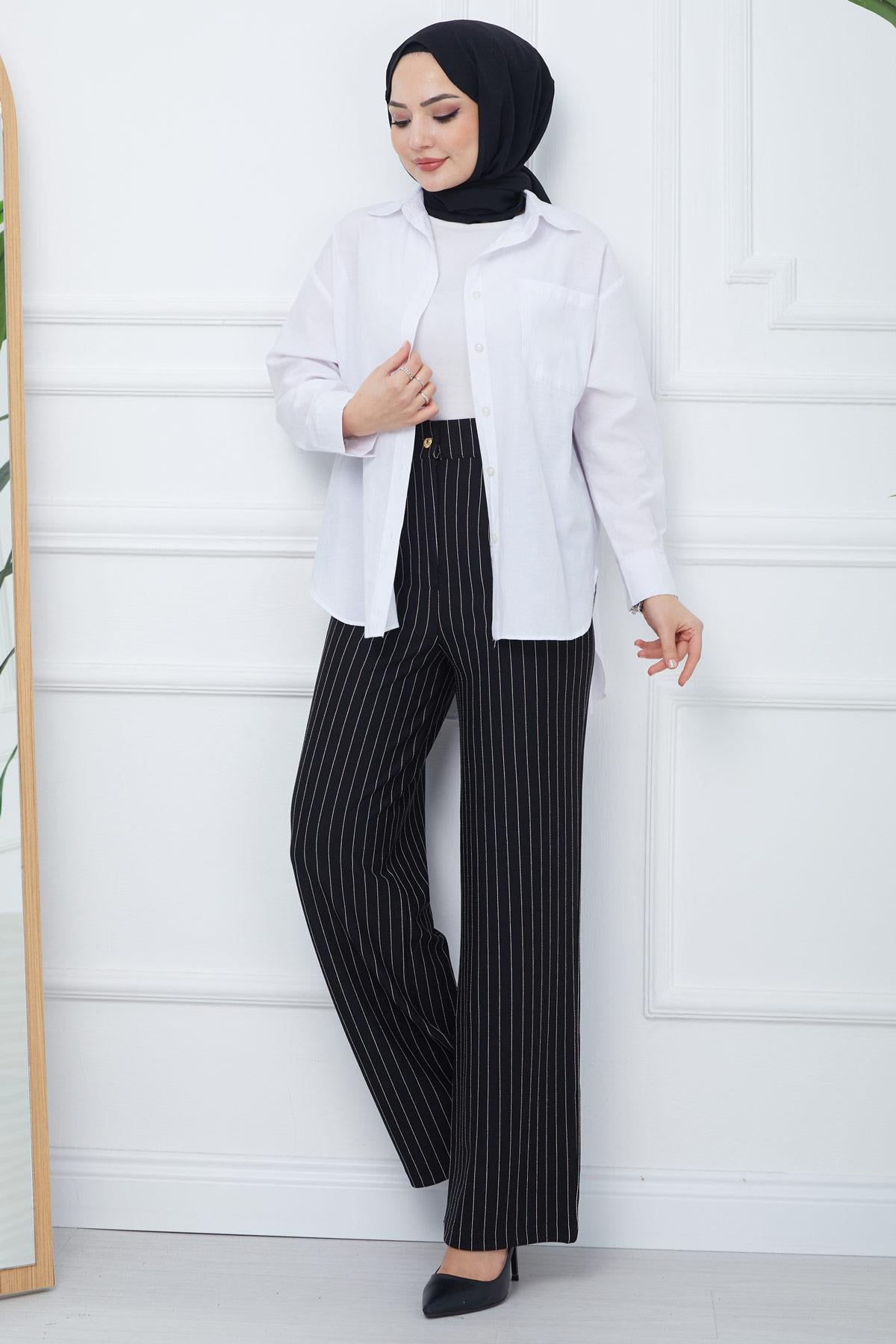 Pileli Çizgili Pantolon Siyah HM2354