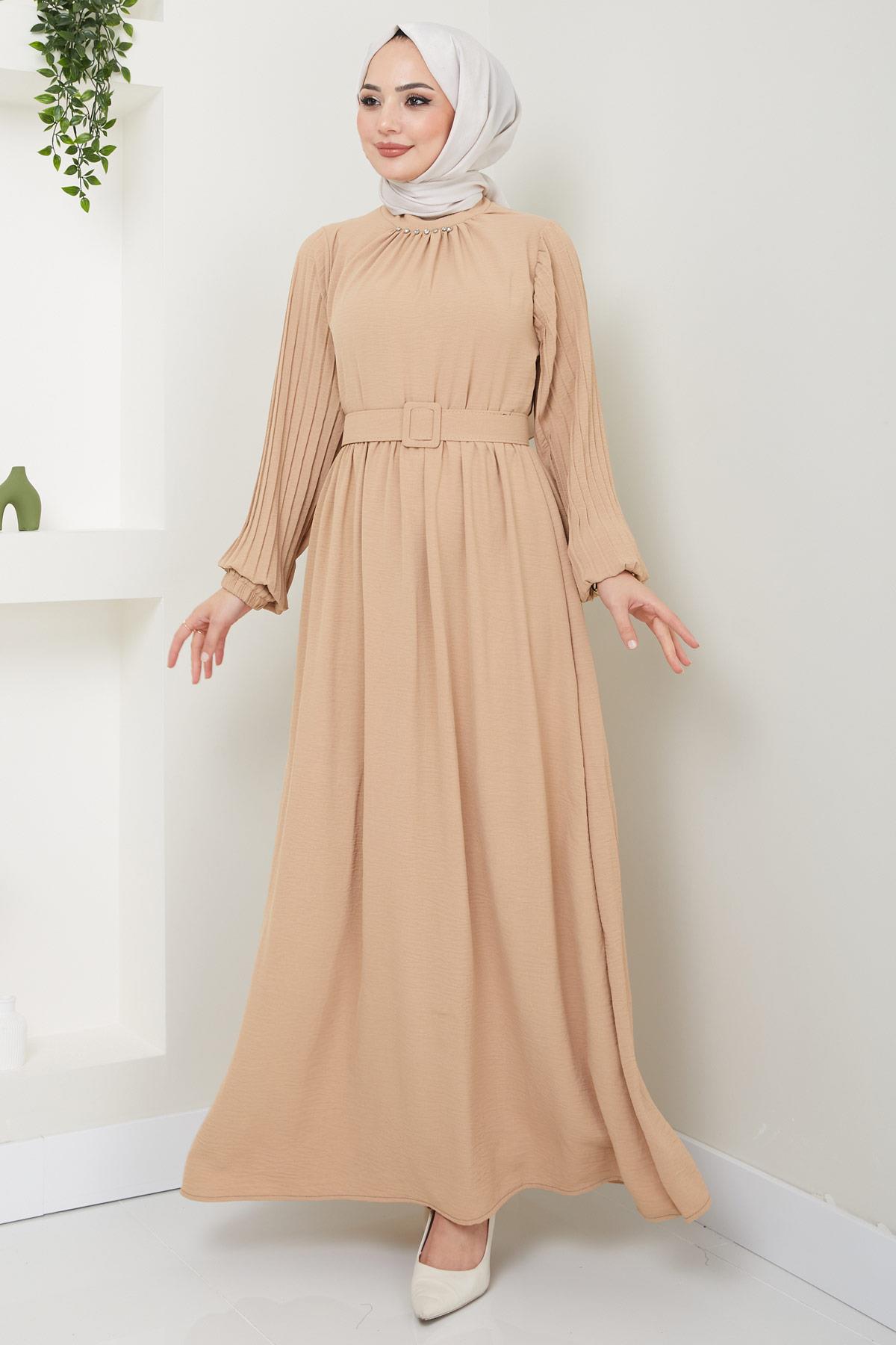 Pırlanta Pilise Kollu Elbise Camel HM2437