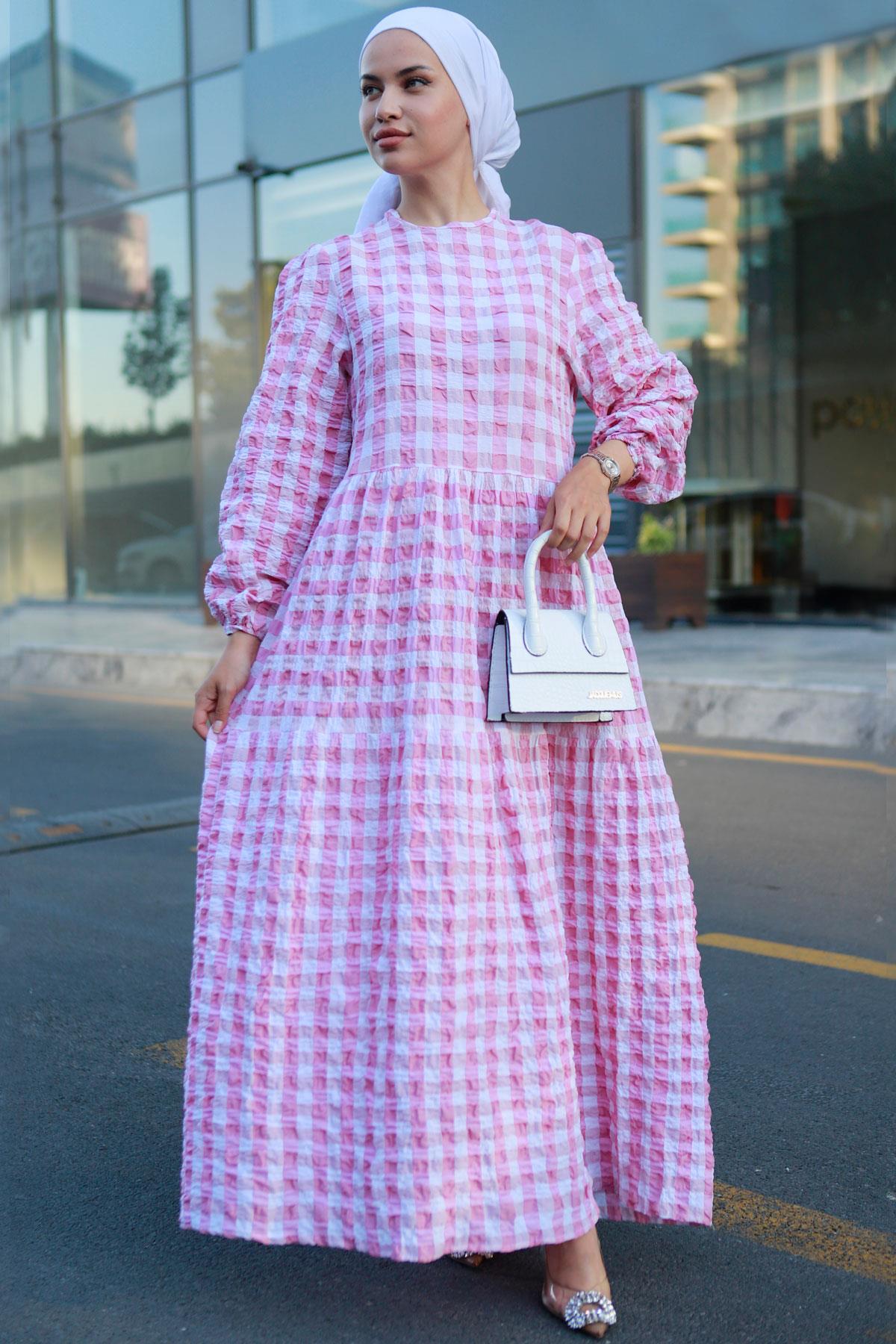 Pötikare Gofre Elbise Pembe HM2194