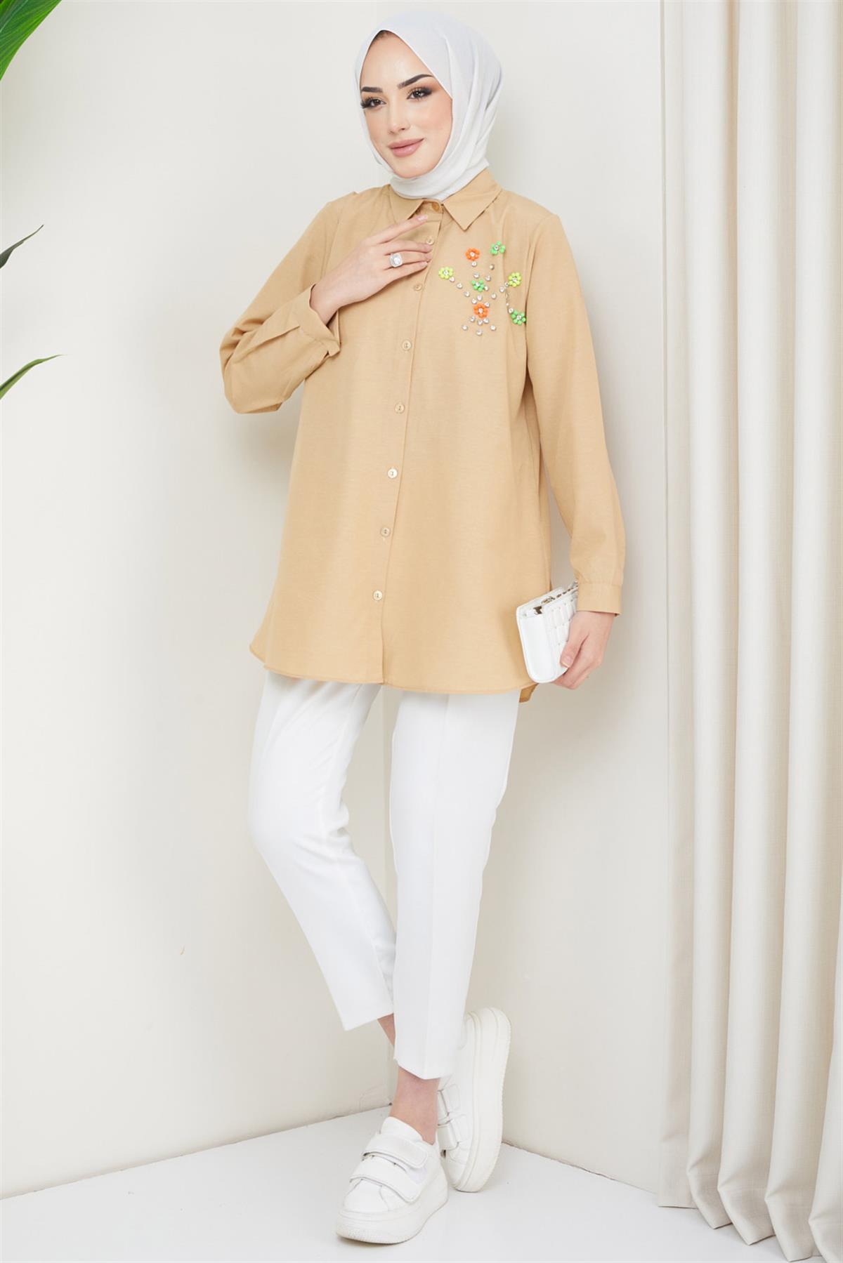 Renkli Çiçek Boncuklu Tunik Camel