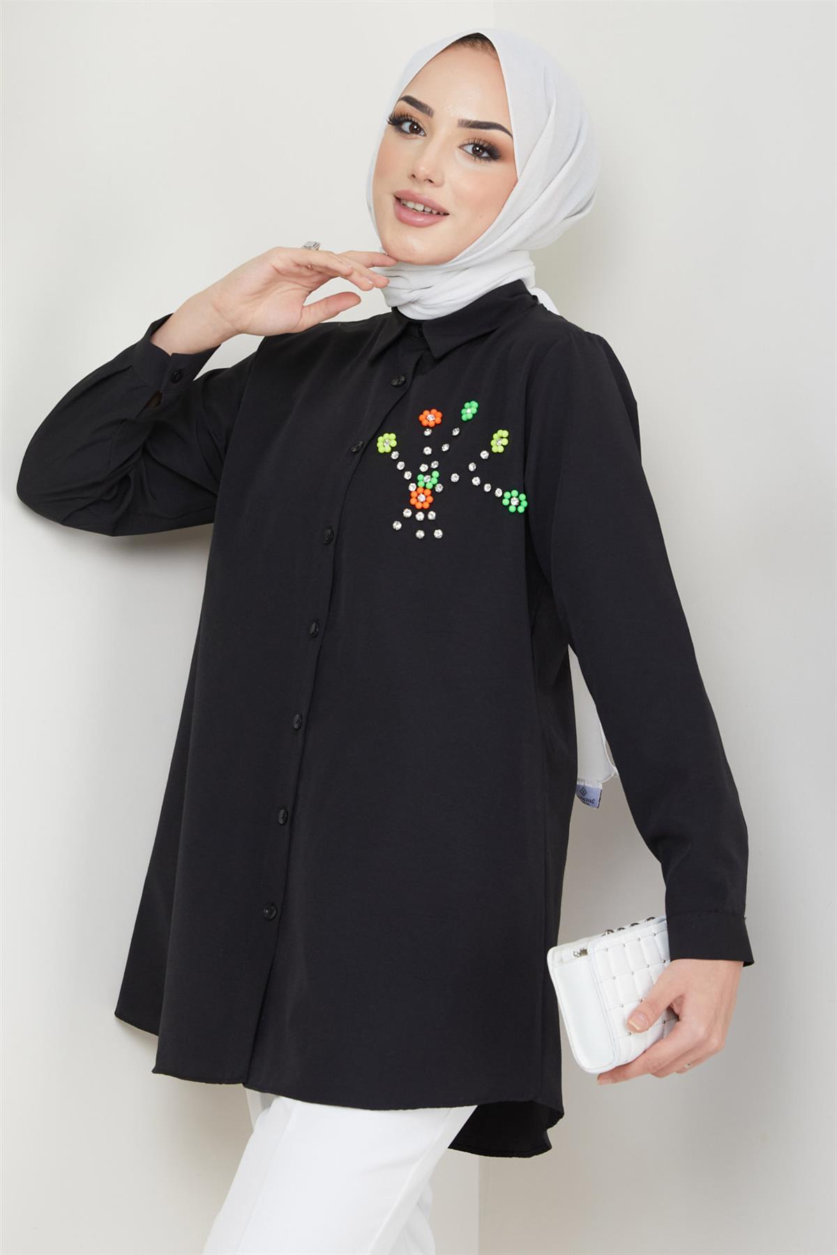 Renkli Çiçek Boncuklu Tunik Siyah