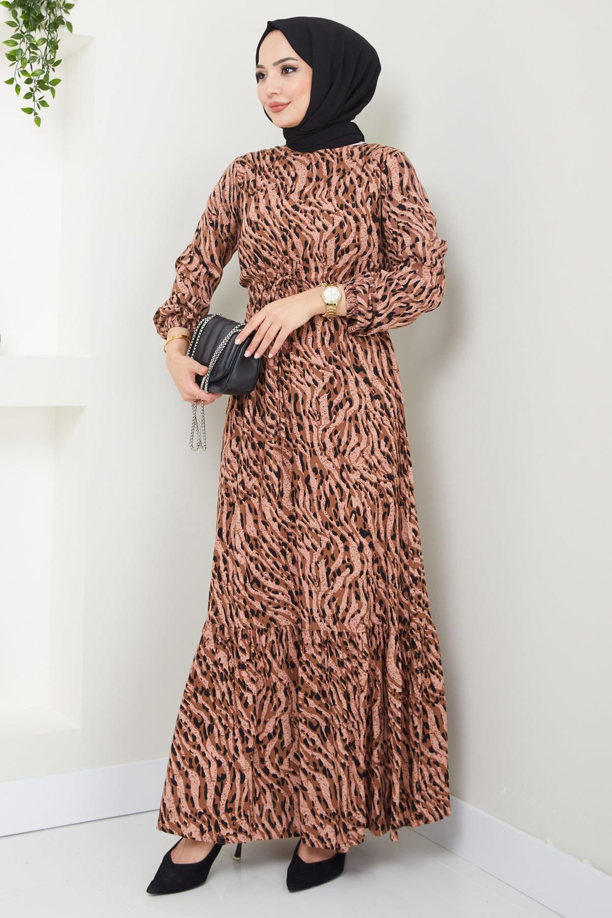 Rita Zebra Desen Viskon Elbise Camel HM2404