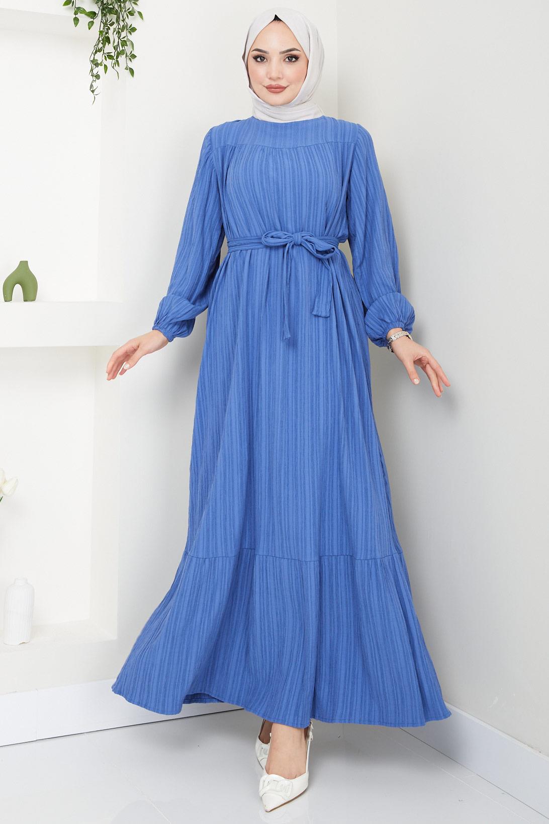 Robalı Kuşaklı Elbise Mavi HM2451