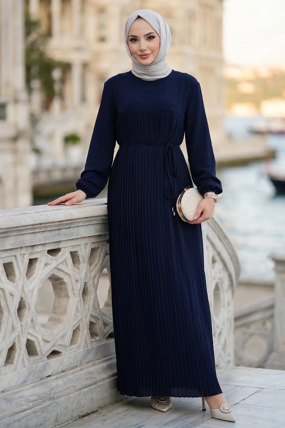 Robalı Piliseli Ayrobin Elbise Lacivert HM2872