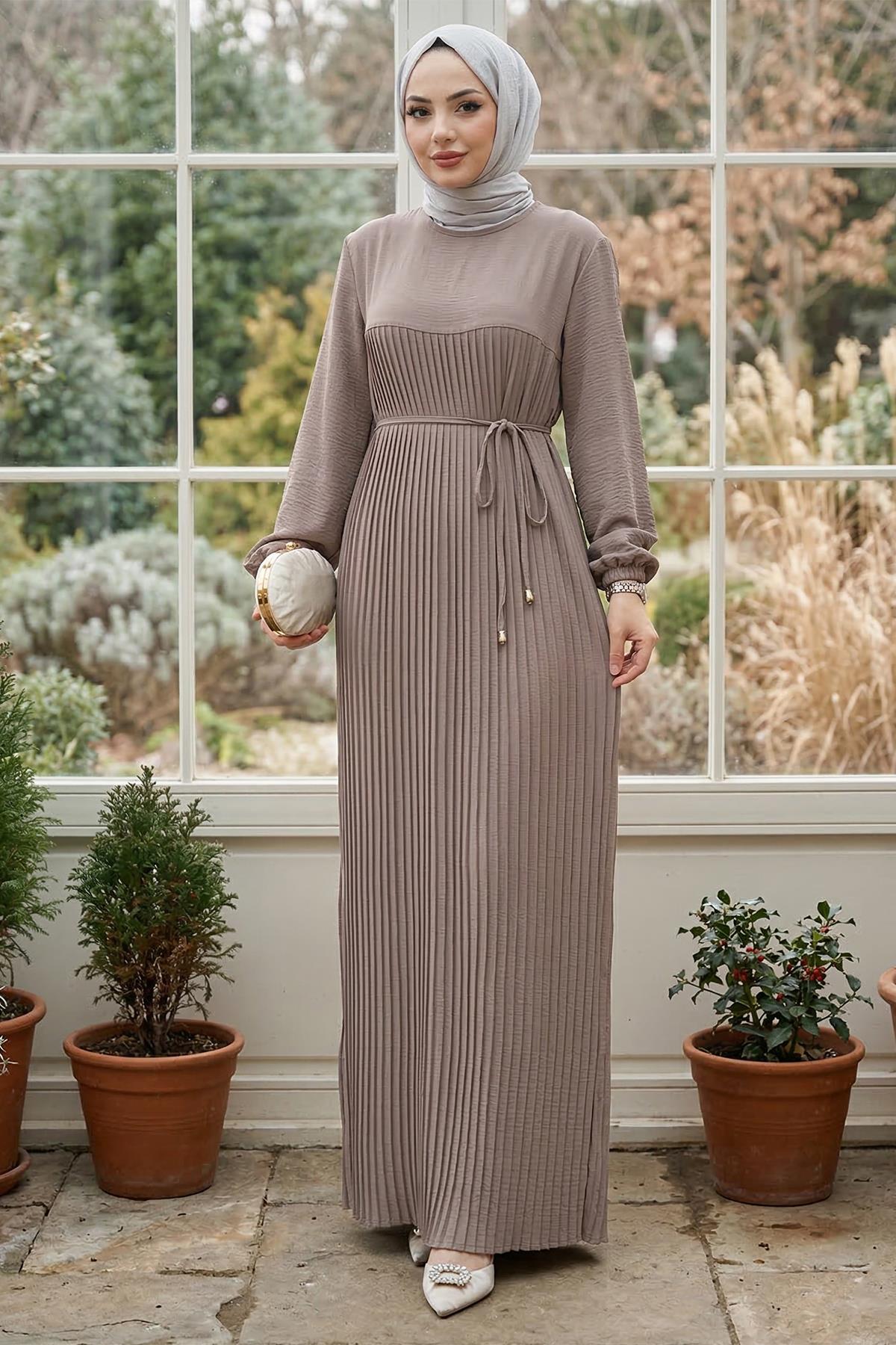 Robalı Piliseli Ayrobin Elbise Vizon HM2872