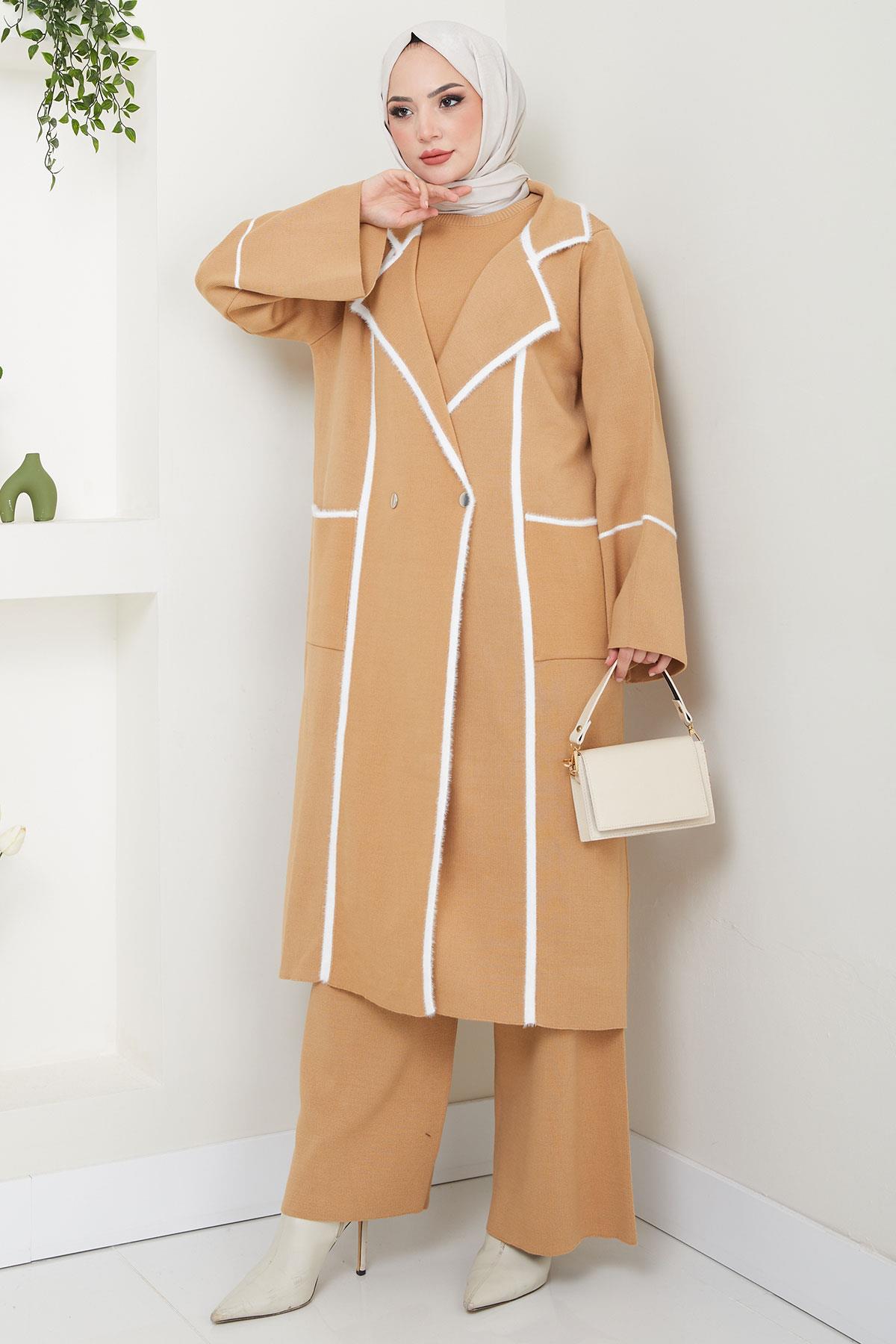 Sakal Garnili Üçlü Triko Takım Camel HM2534