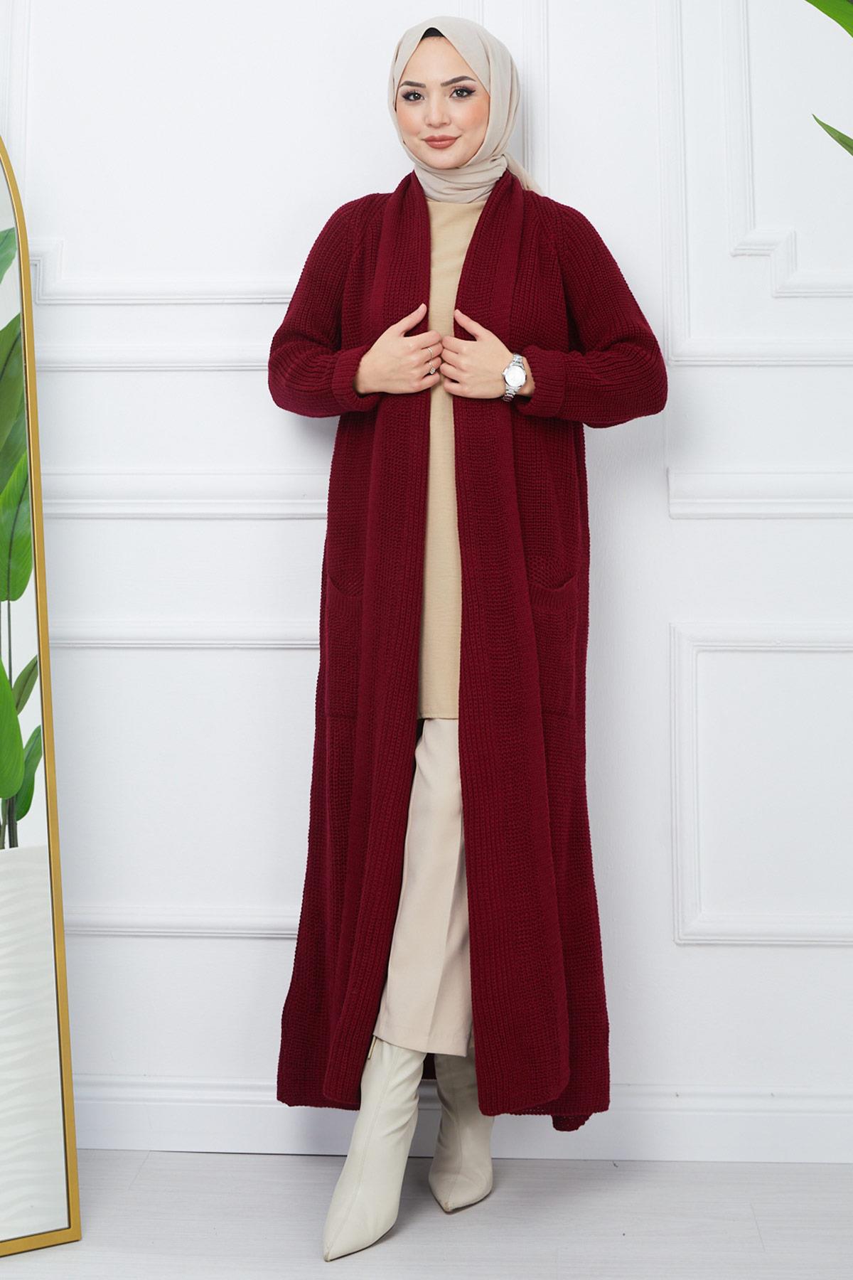 Şal Yaka Cepli Triko Hırka Bordo HM2243