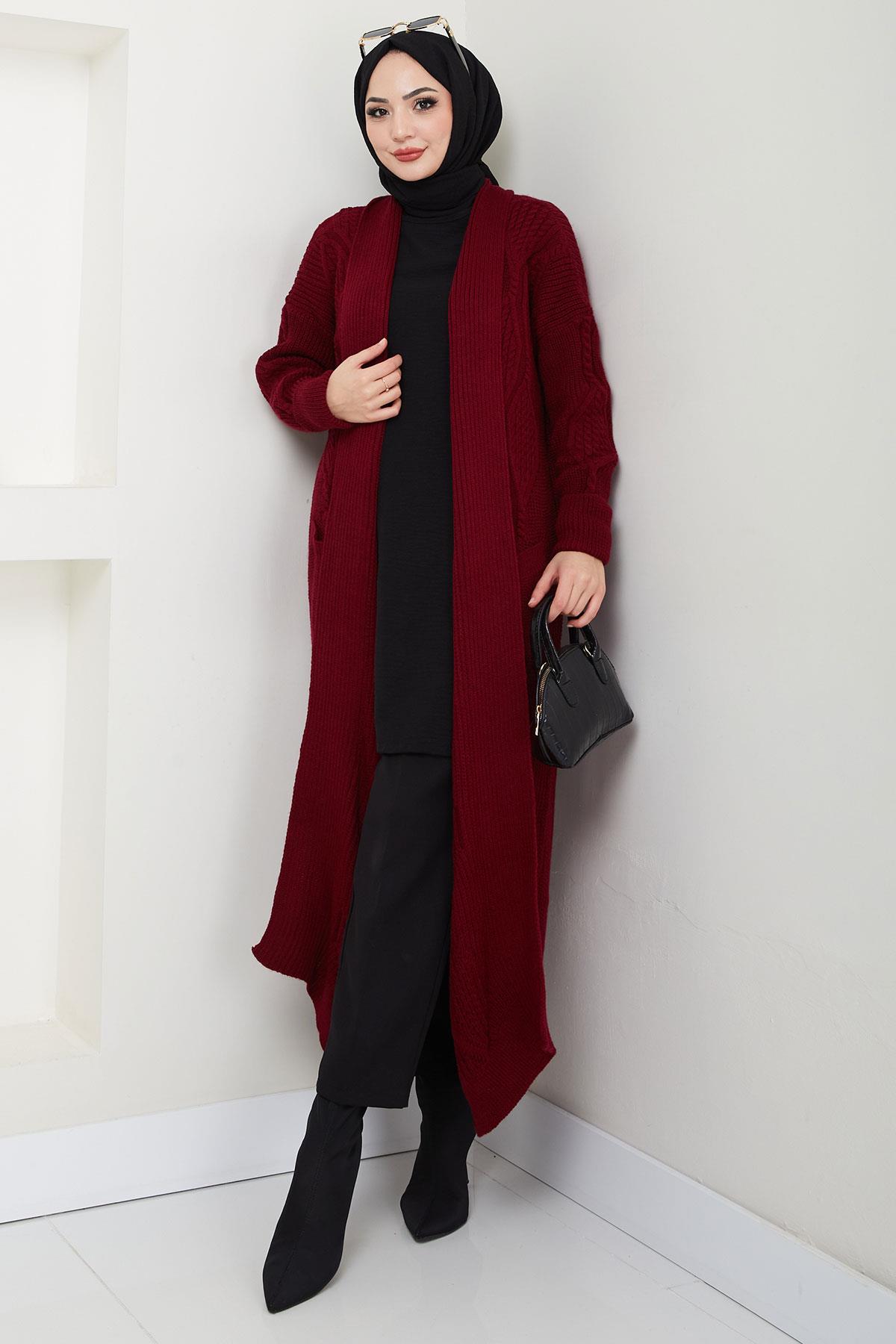Şal Yaka Cepli Triko Hırka Bordo HM2534