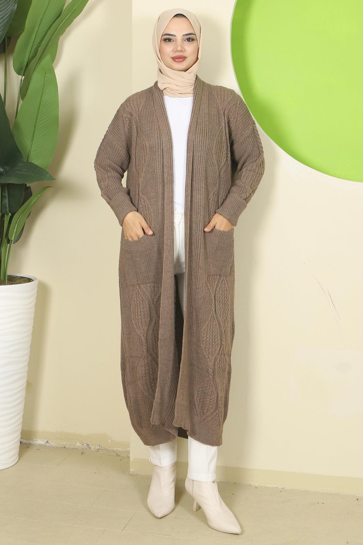 Şal Yaka Cepli Triko Hırka Vizon HM2534