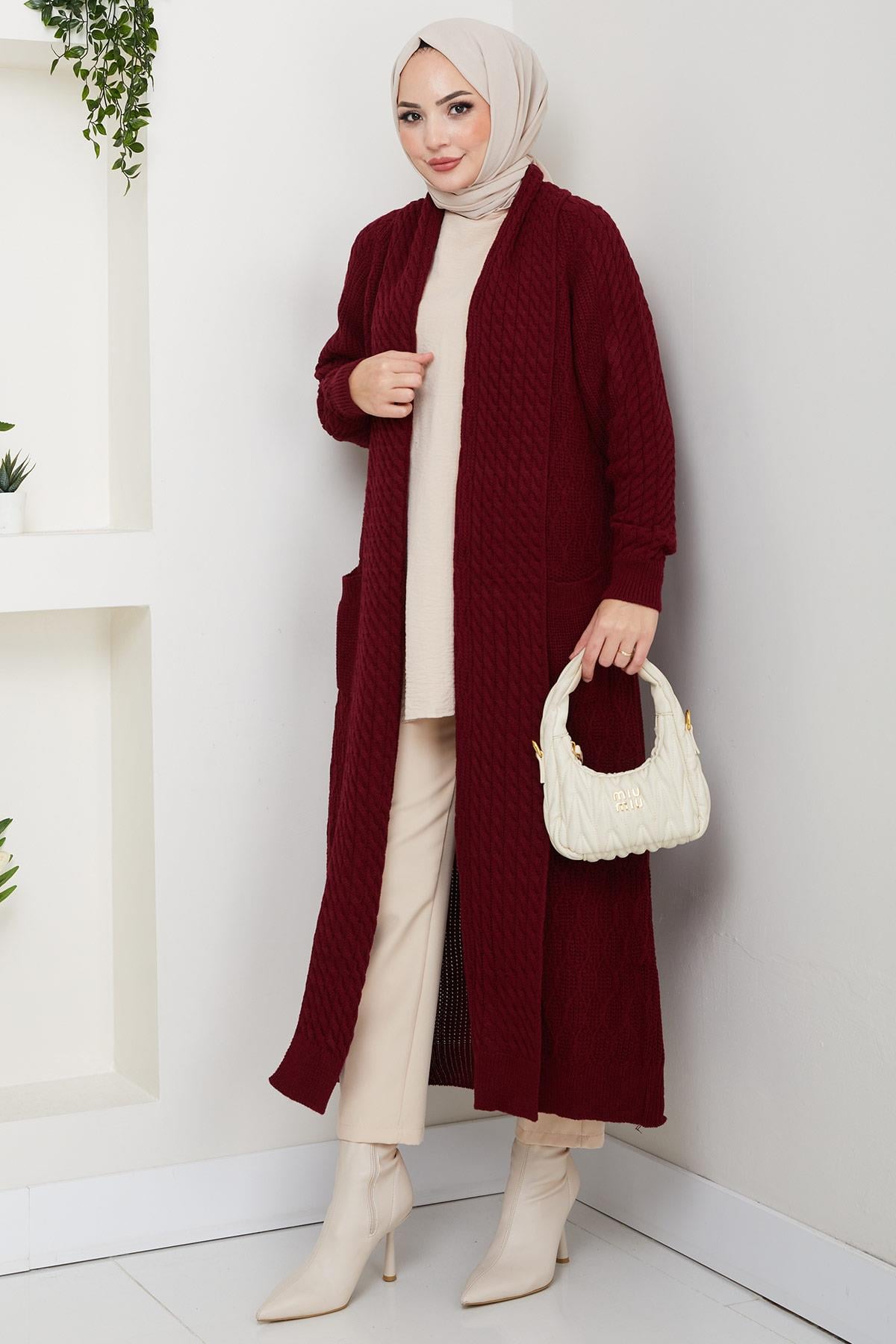 Şal Yaka Salaş Triko Hırka Bordo HM2248