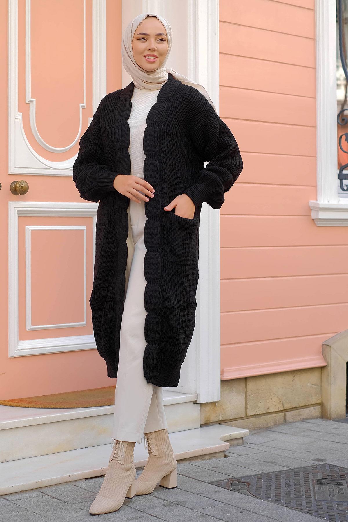 Selanik Örgü Triko Hırka Siyah HM2234