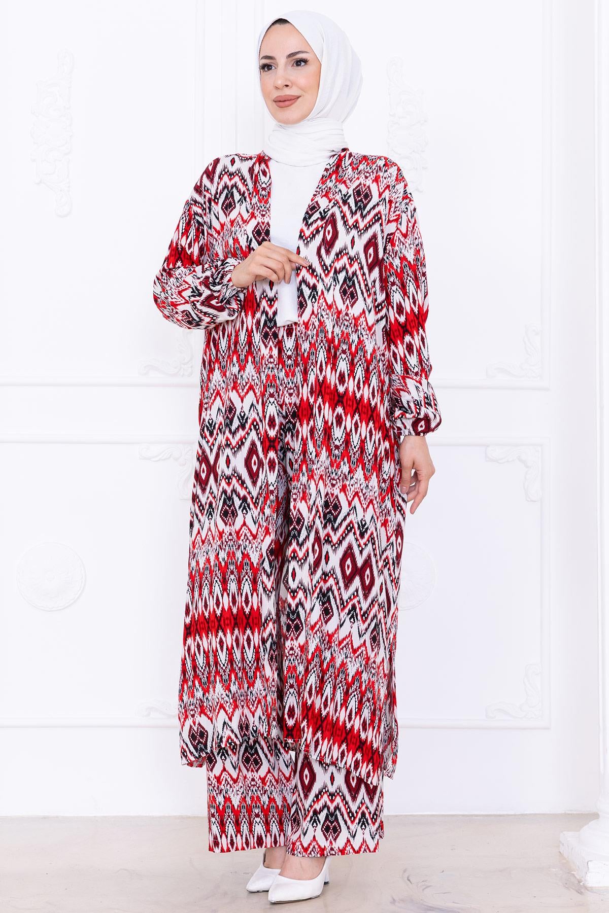 Seva Desenli Viskon Kimono Takım Kırmızı HM2762