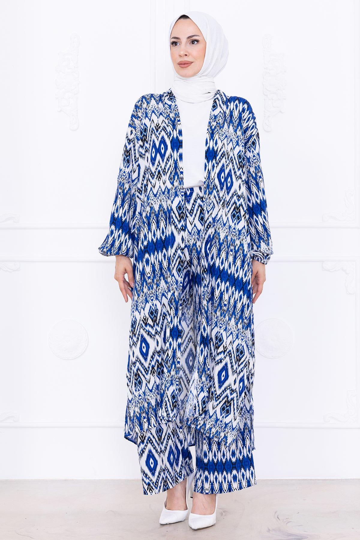 Seva Desenli Viskon Kimono Takım Mavi HM2762