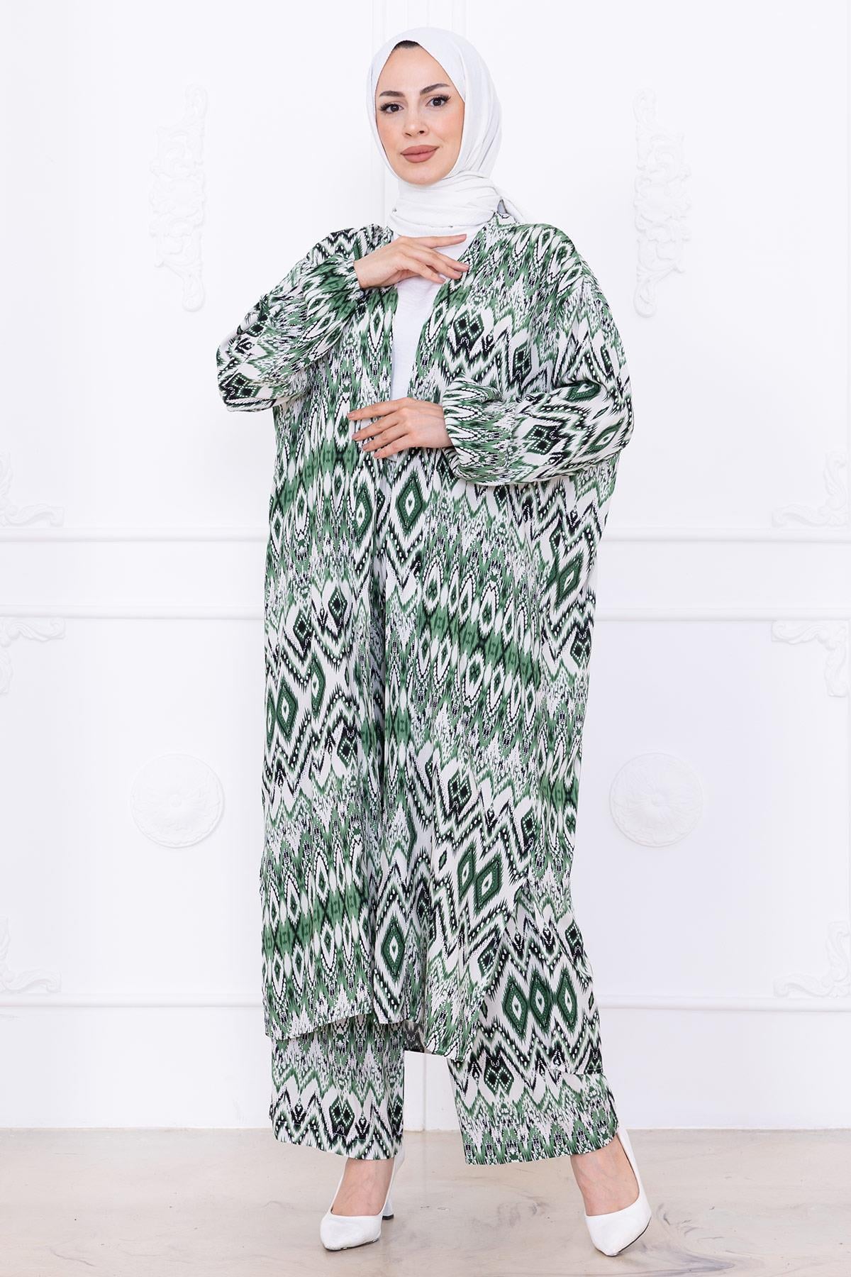 Seva Desenli Viskon Kimono Takım Yeşil HM2762