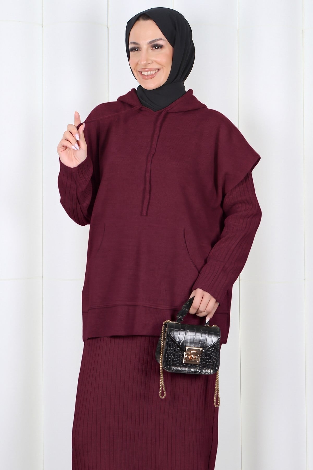 Sıfır Kol Kapüşonlu Elbiseli Triko Takım  Bordo   HNT2813
