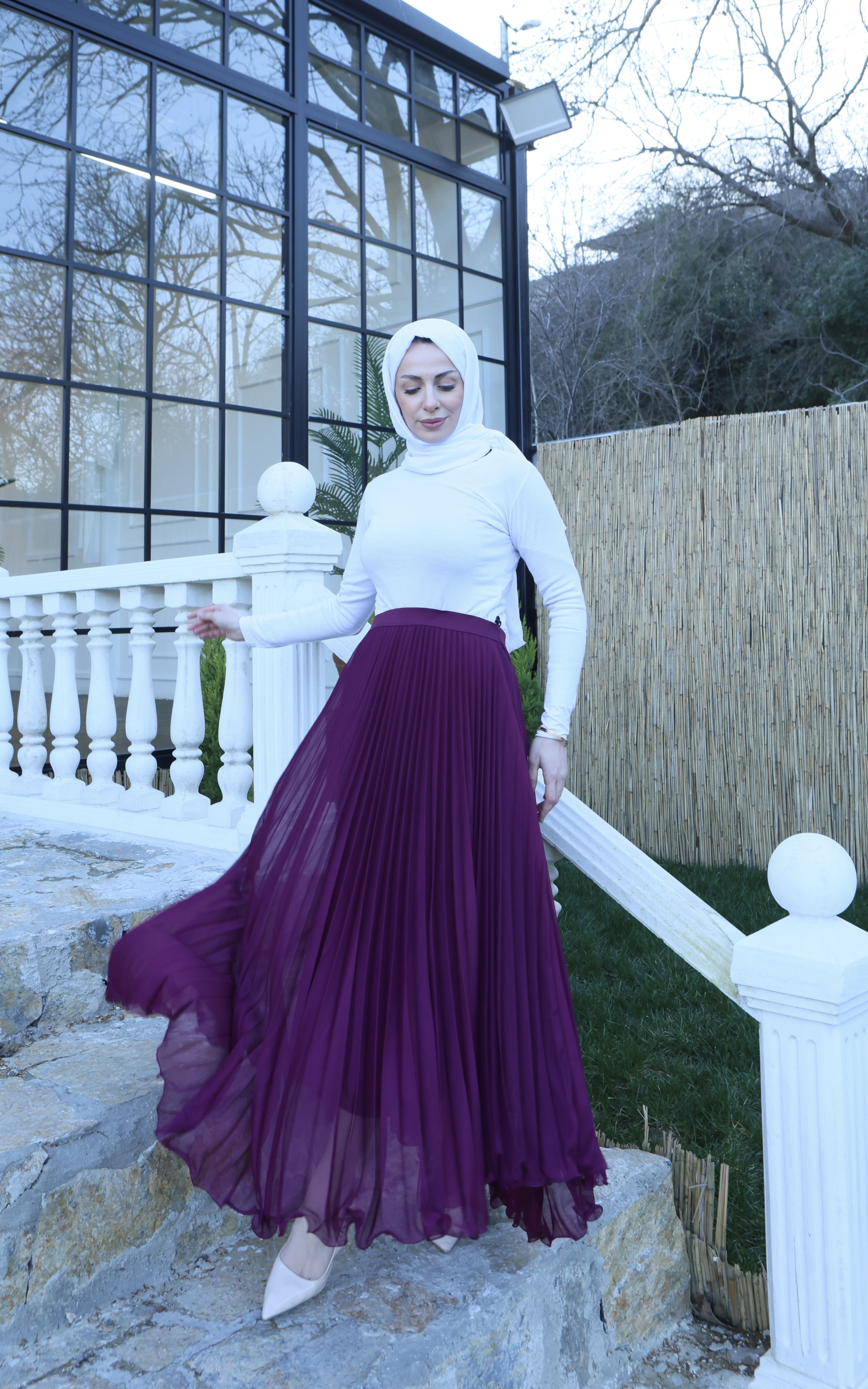 Şifon Piliseli Astarlı  Etek Mor  HNT1008