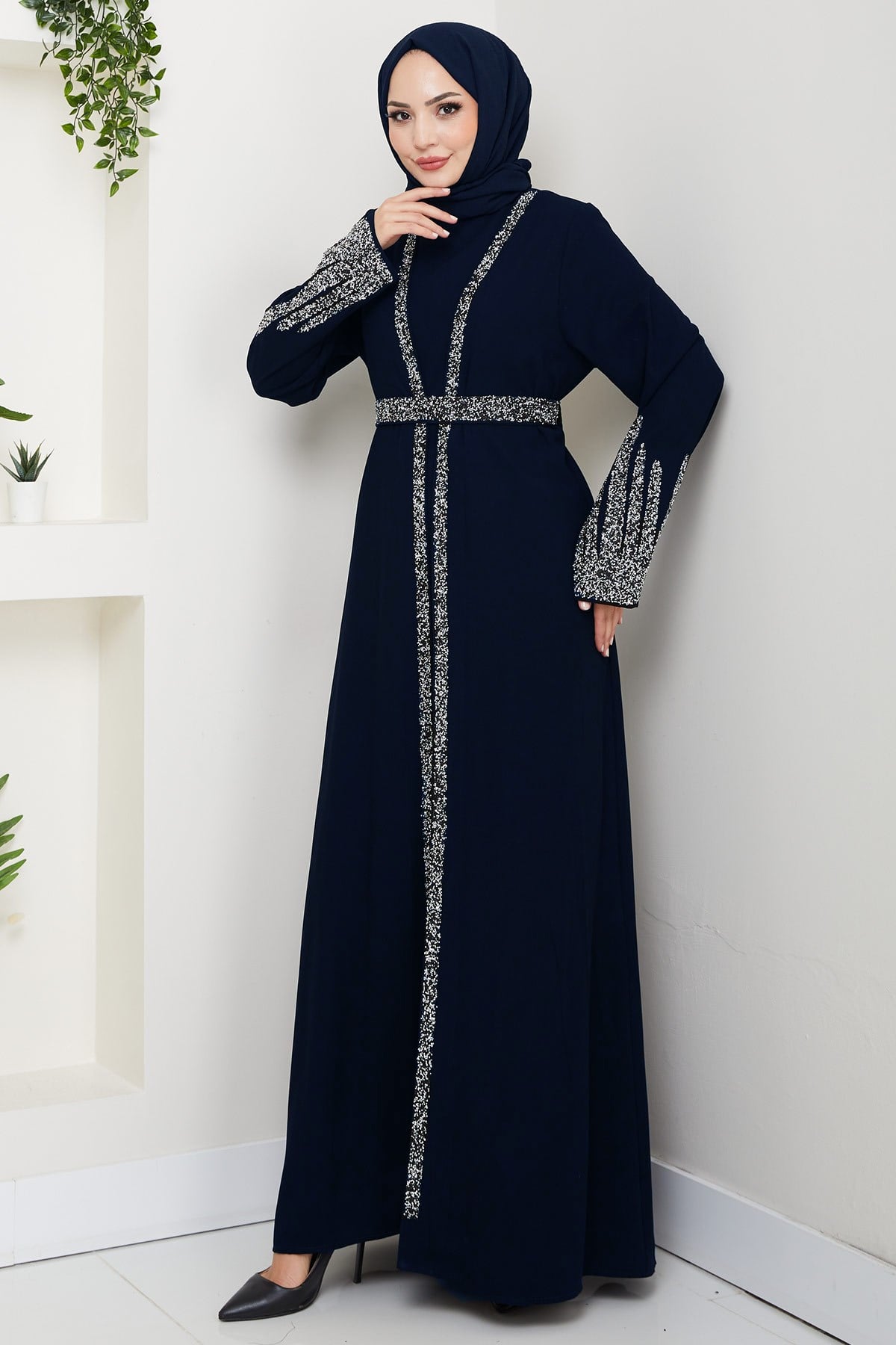 Taş Detaylı İçlikli Abaya Takım Lacivert HM2858