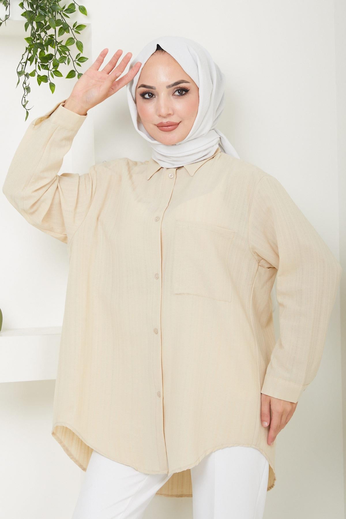 Tek Cepli Oversize Gömlek Bej HM2482