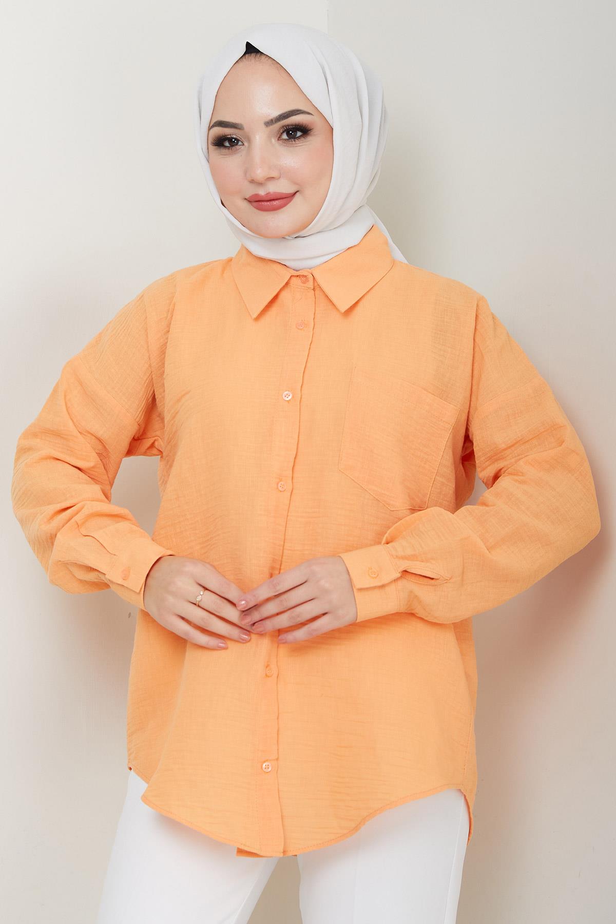 Tek Cepli Uzun Kol Oversize Keten Gömlek Turuncu HM2651