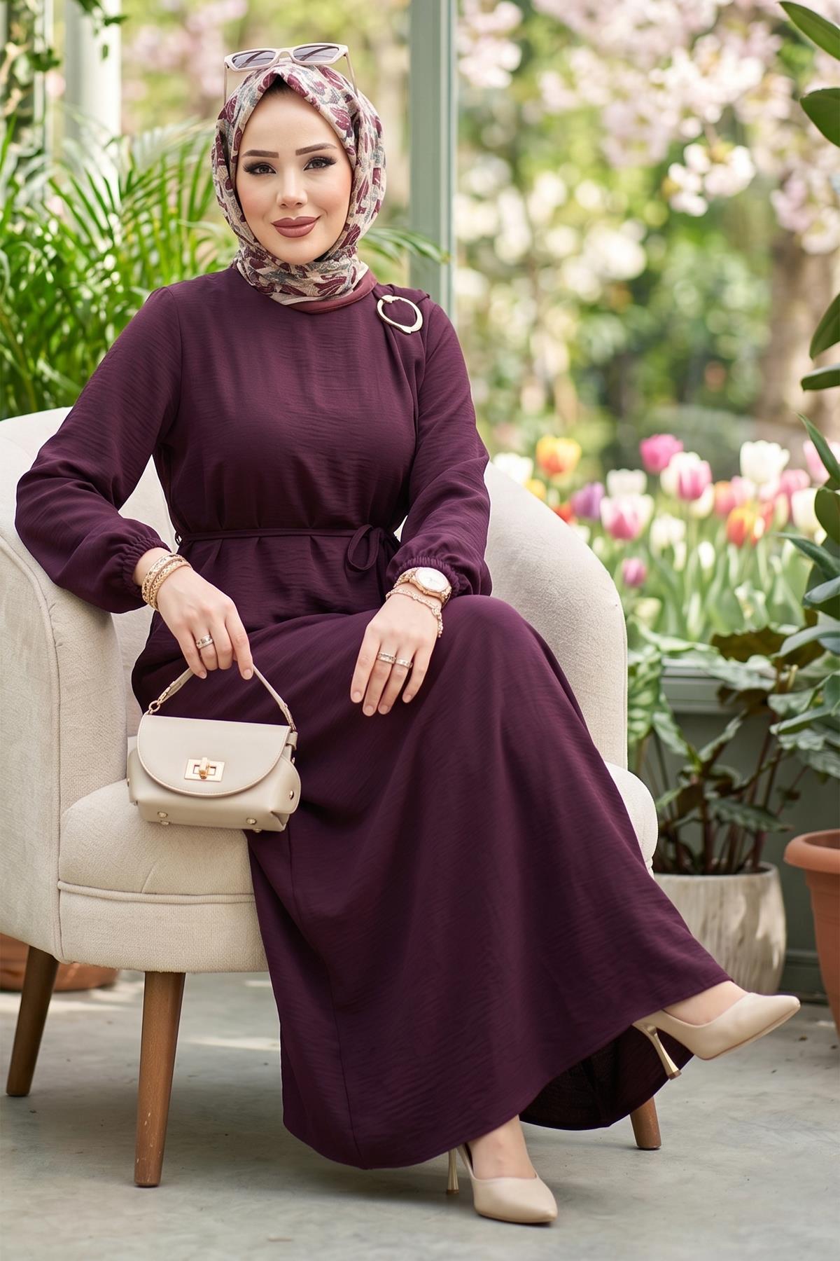 Toka Detaylı Bağlamalı Ayrobin Elbise Mürdüm HM2907