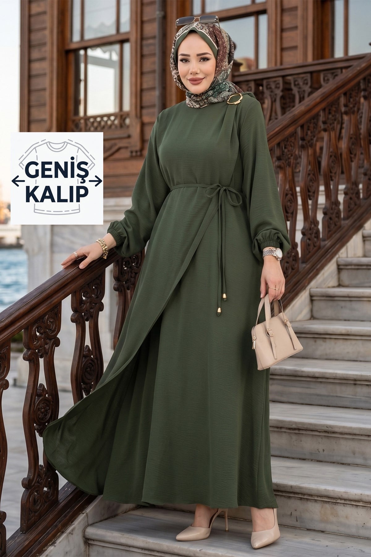 Toka Detaylı Bağlamalı Ayrobin Elbise Haki HM2907