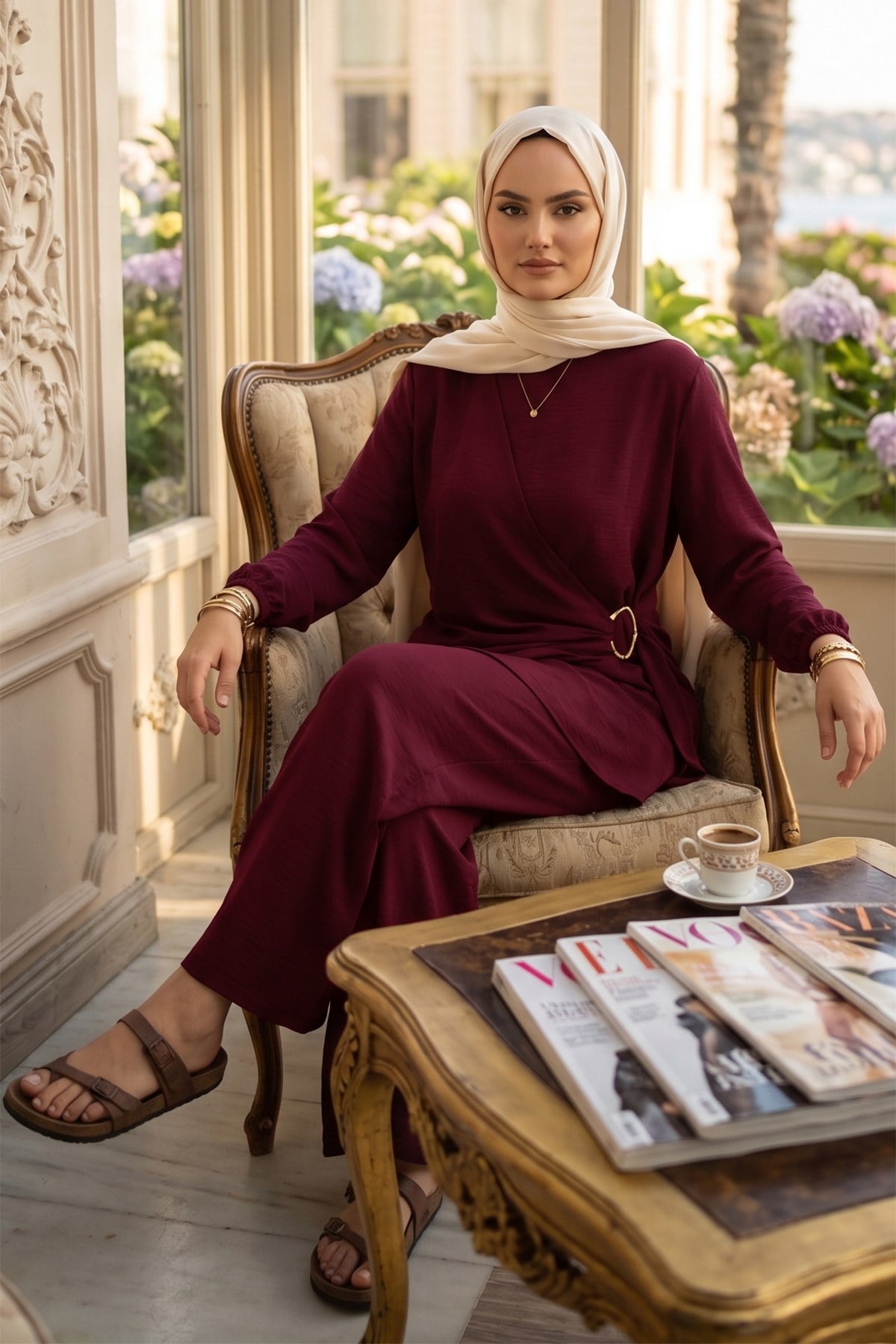 Toka Detaylı Pantolonlu Ayrobin Takım Bordo HM2921