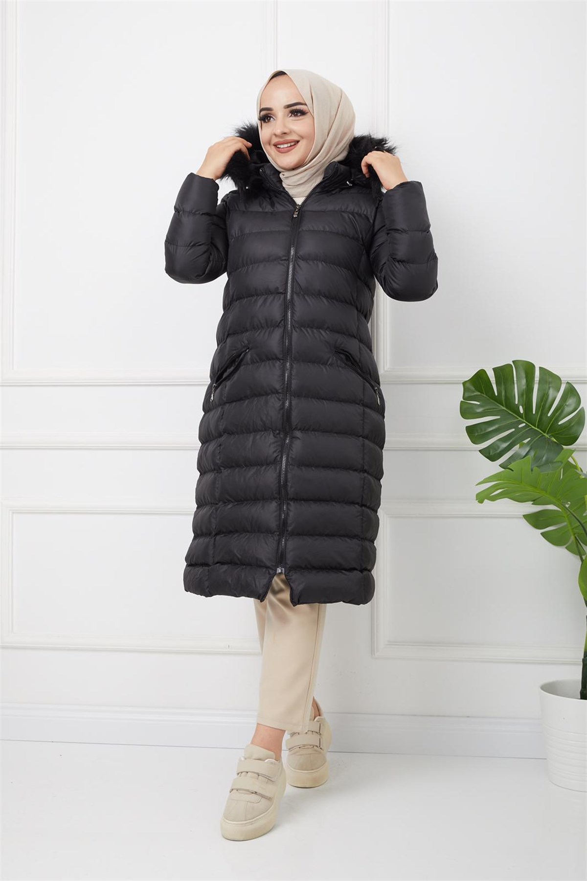 Uzun Dolumlu Şişme Mont Siyah
