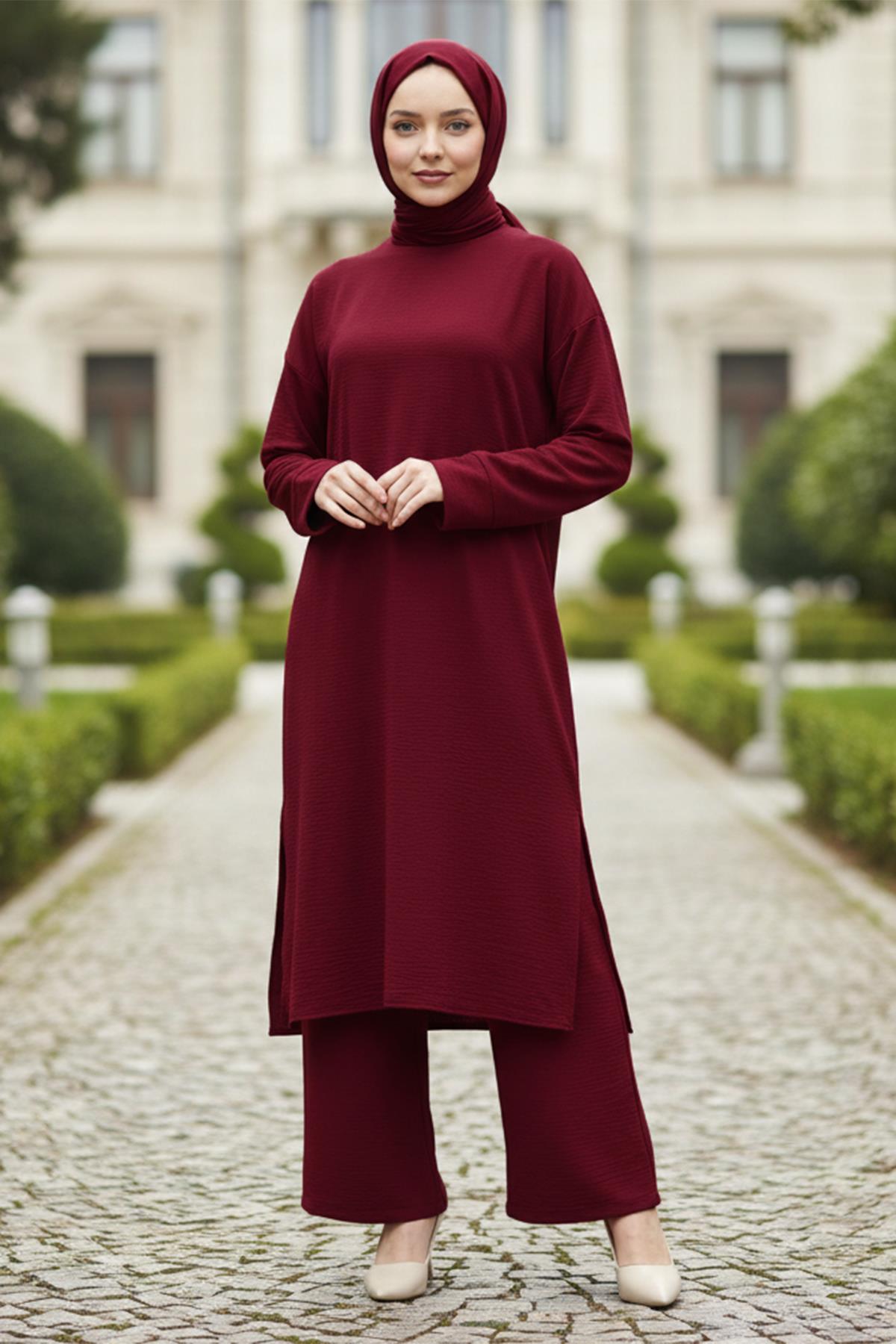 Uzun Tunikli Ayrobin Takım Bordo HM2770