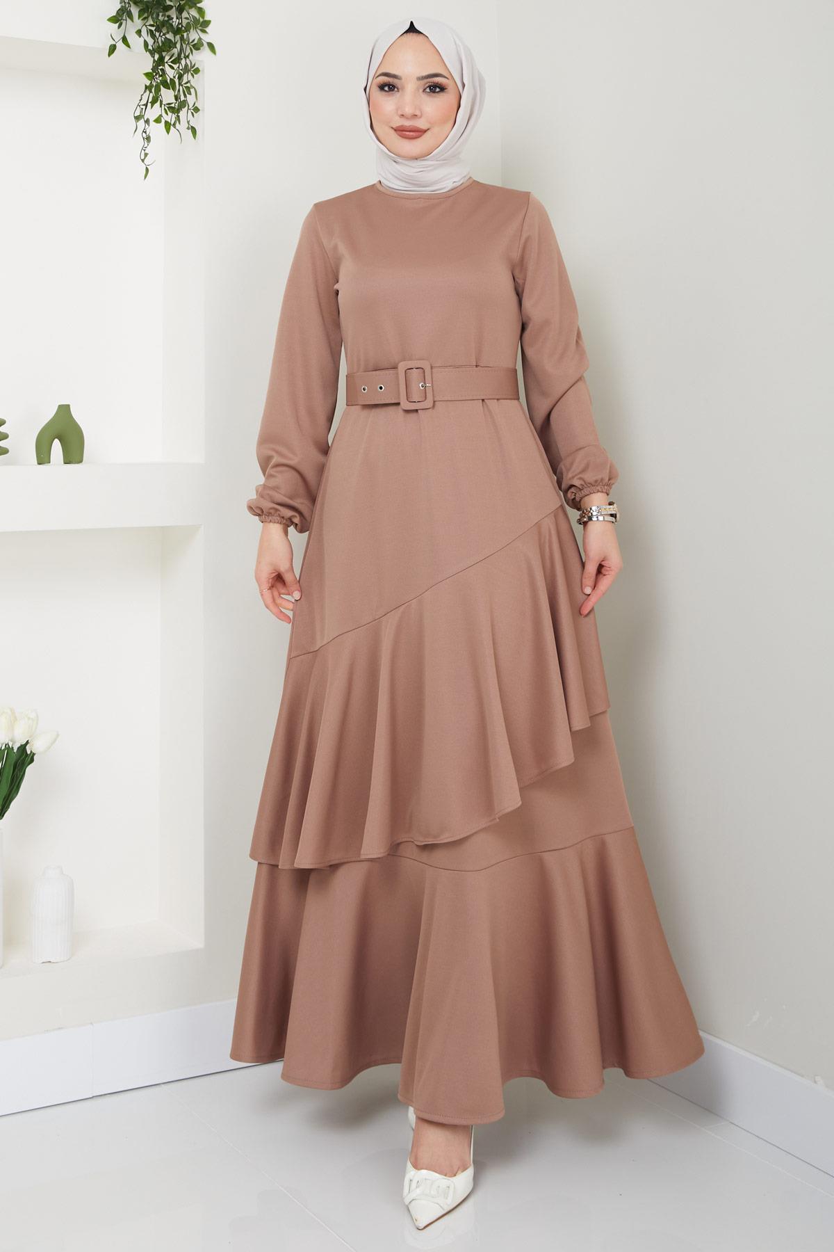 Volan Detaylı Kemerli Elbise Vizon HM2421
