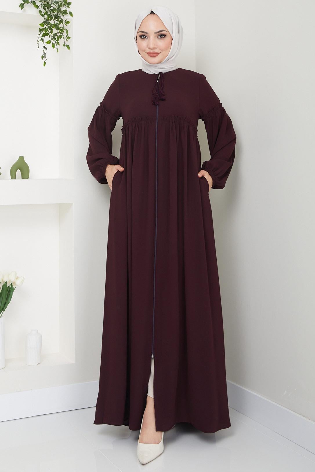 Yaka Bağcıklı Büzgülü Ferace Bordo HM2468