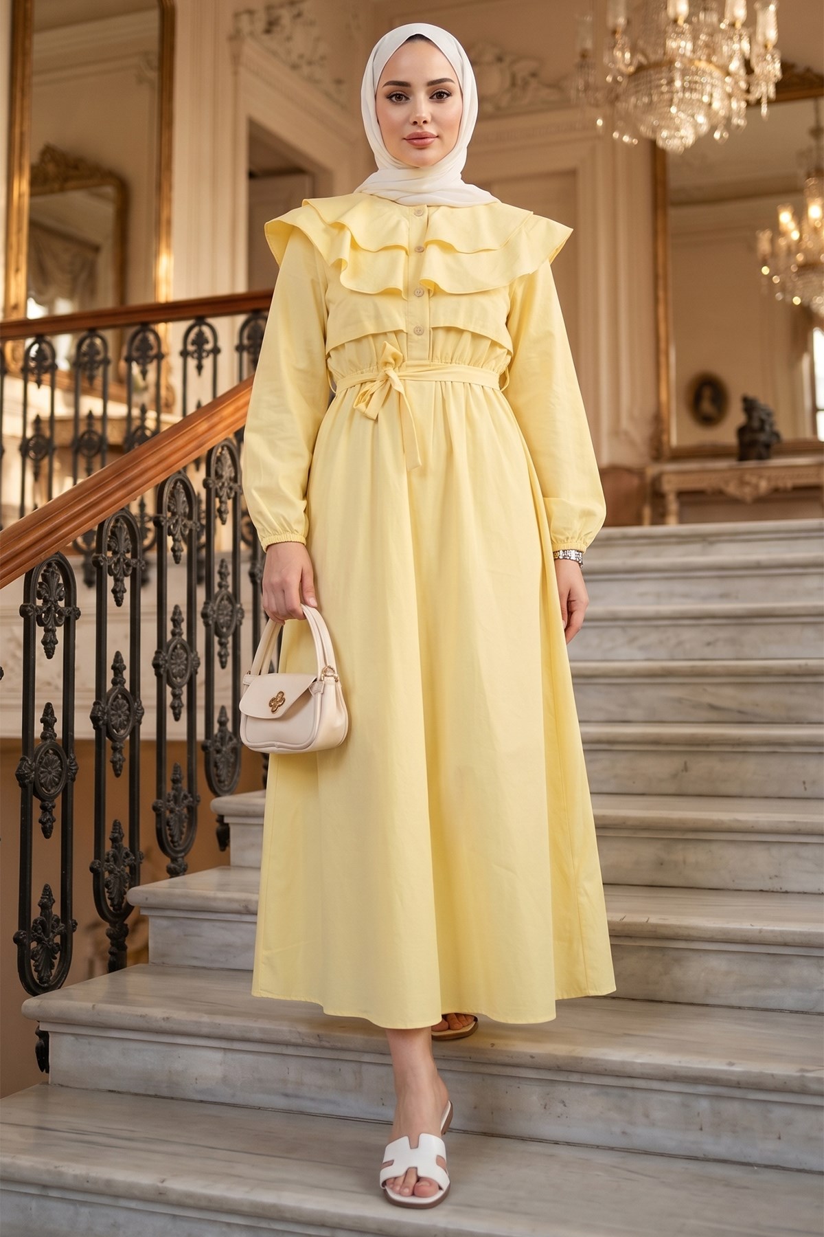 Yaka Detaylı Beli Lastikli Kuşaklı Elbise Sarı HM2946