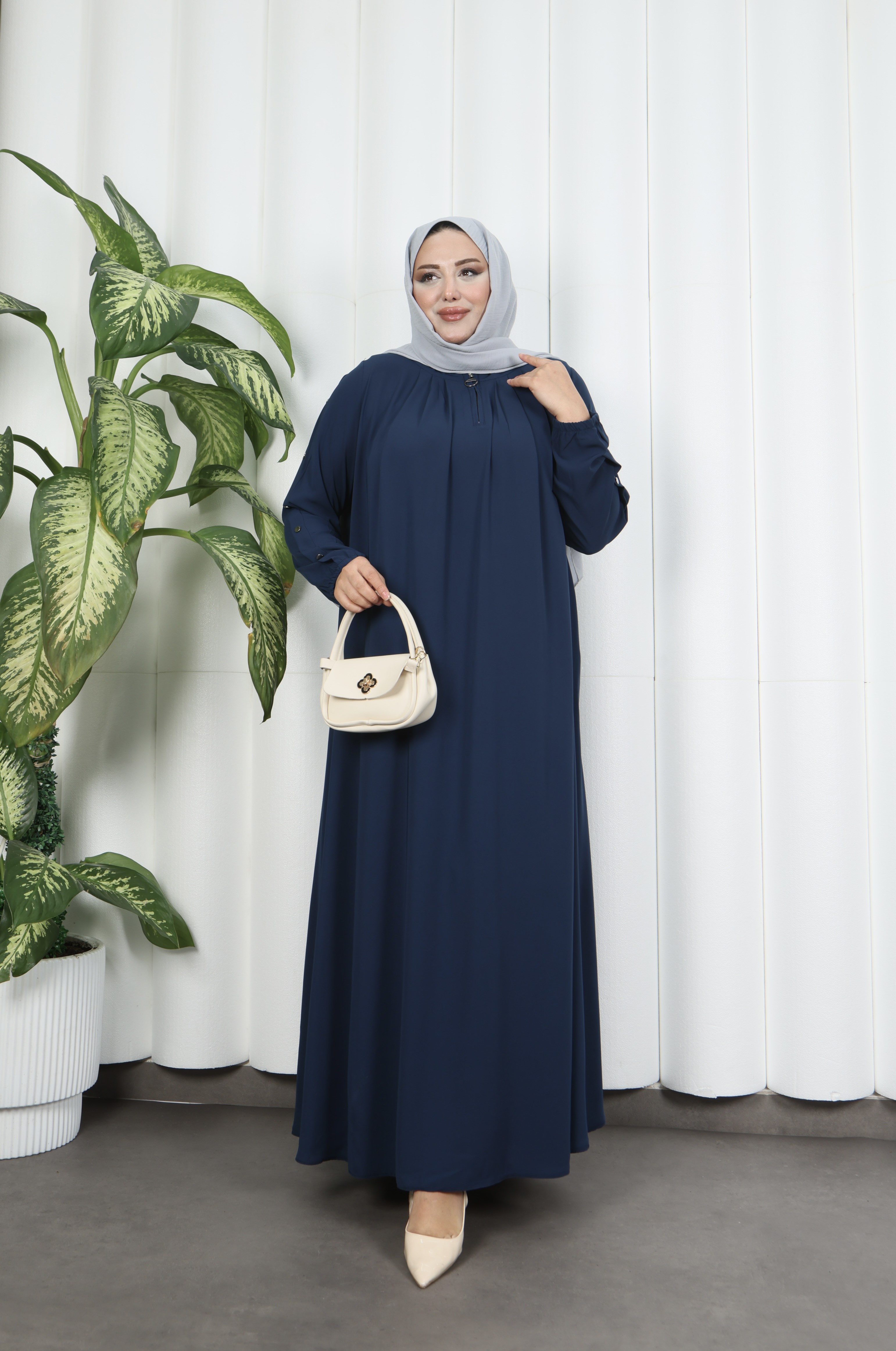 Yakadan Pileli Yarım Mevlana Ferace Lacivert  HNT7063