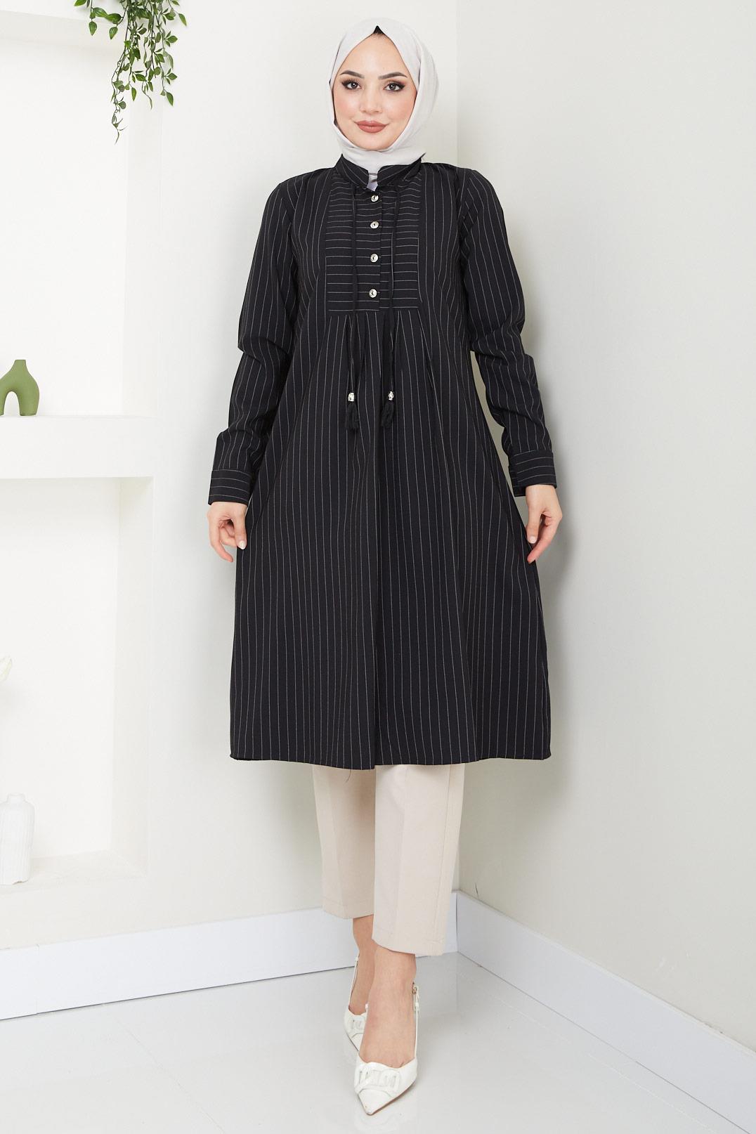 Yakası Bağcıklı Çizgili Tunik Siyah HM2449