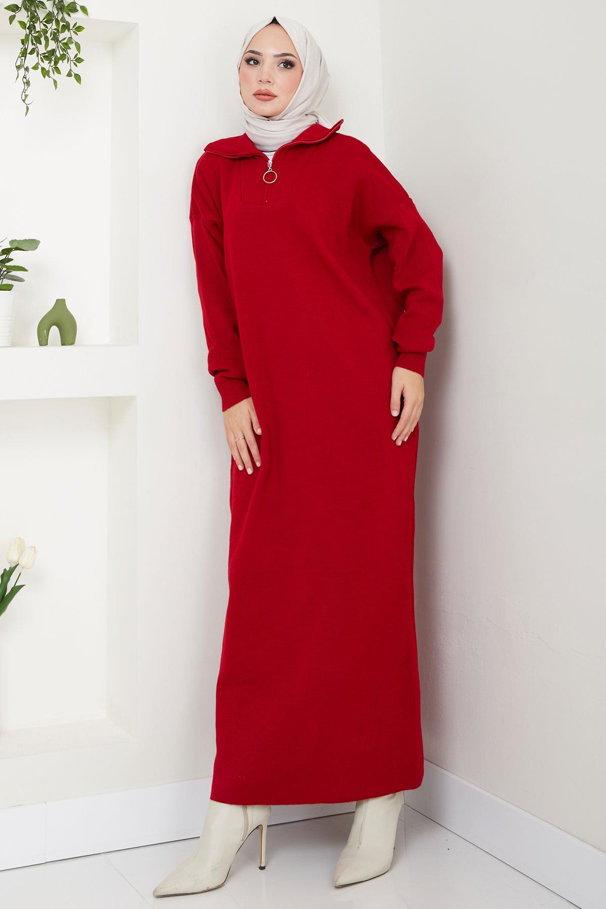 Yakası Fermuarlı Düz Triko Elbise Kırmızı HM2568