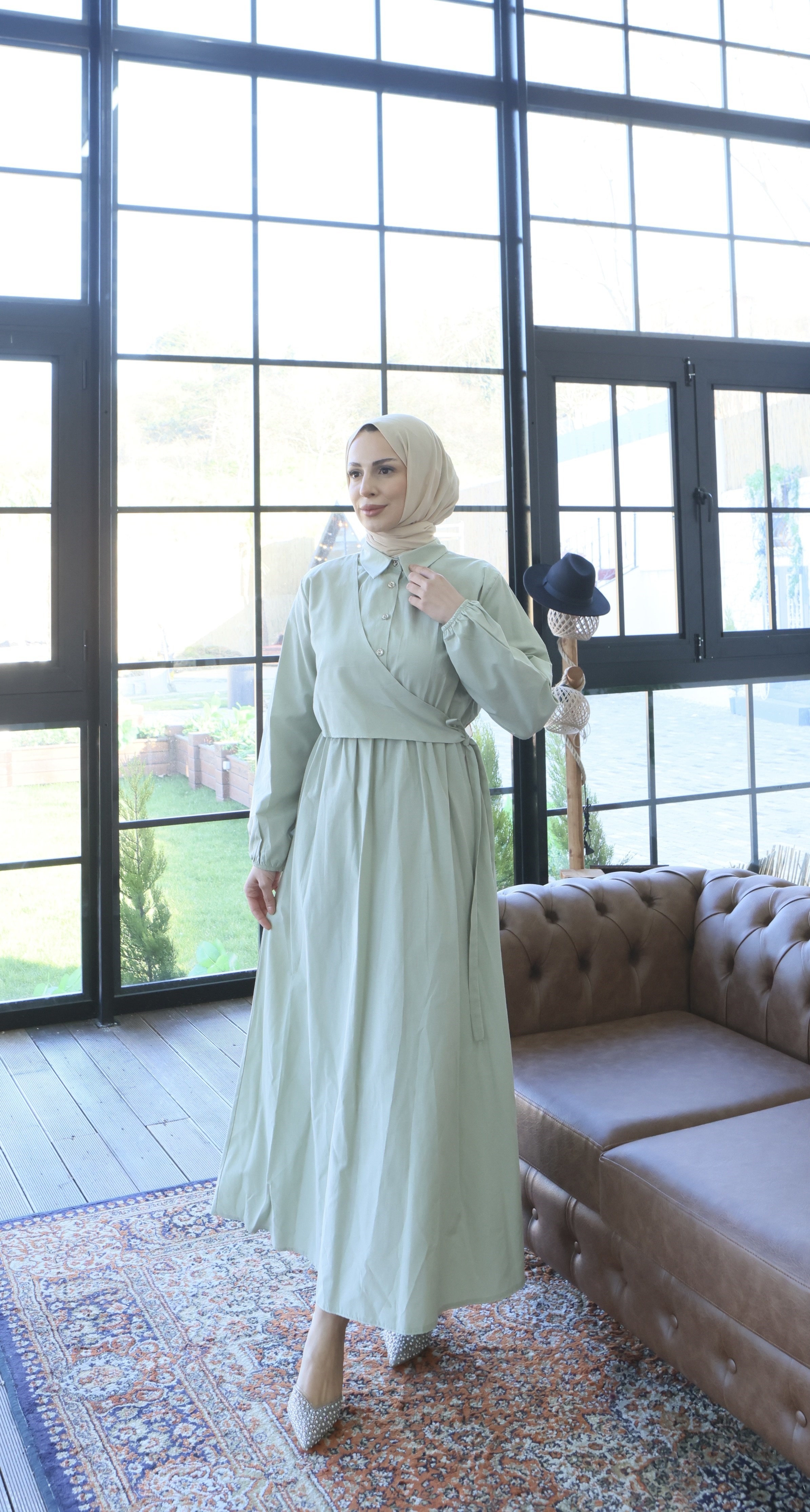 Yandan Bağlamalı  Tesettür Elbise Mint HNT010