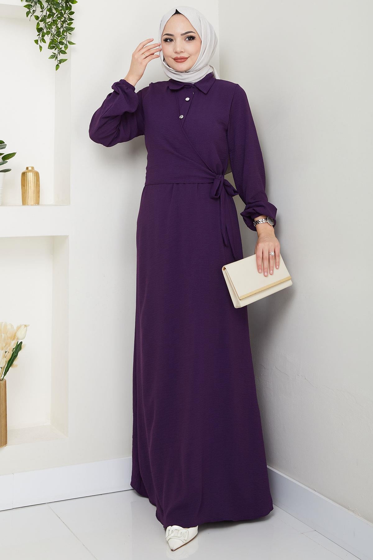 Yandan Bağlamalı Ayrobin Elbise Mor HM2729