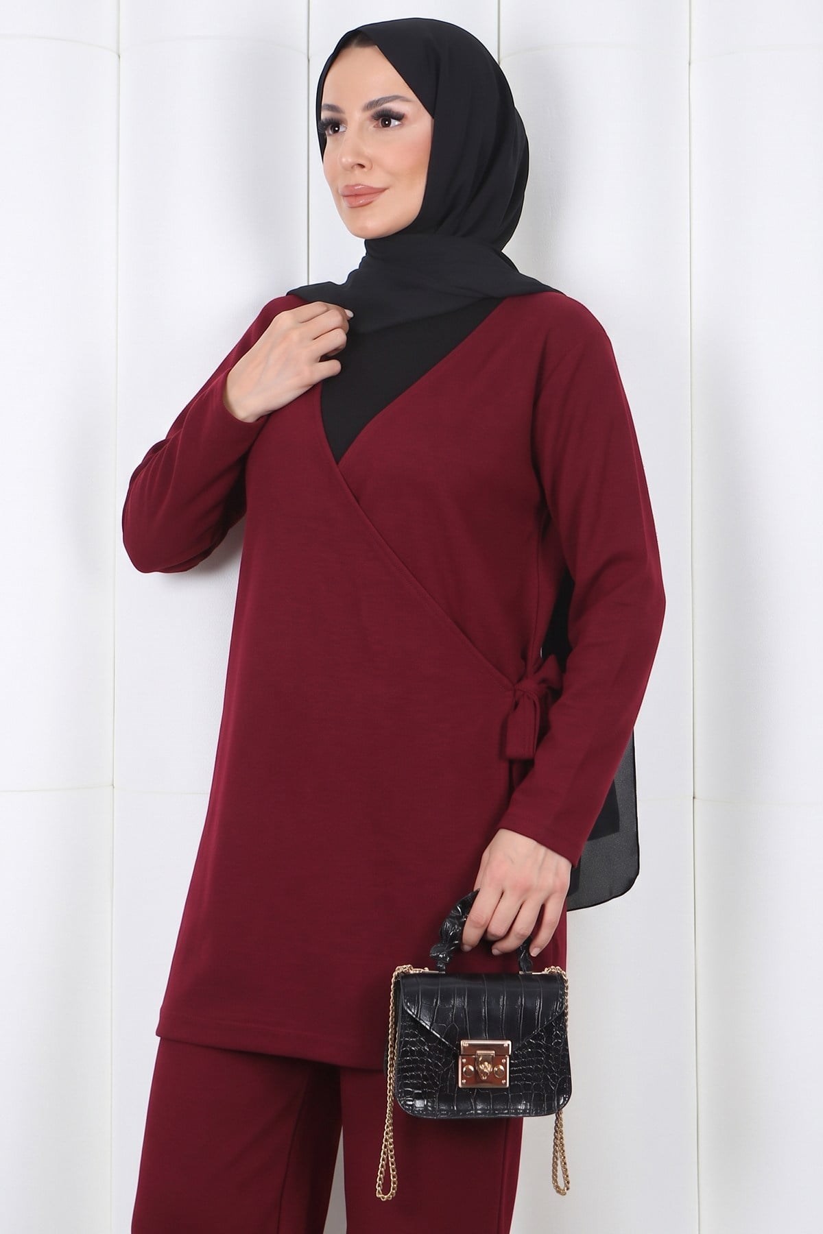 Yandan Bağlamalı Kruvaze Yaka Triko Takım Bordo    HNT2812