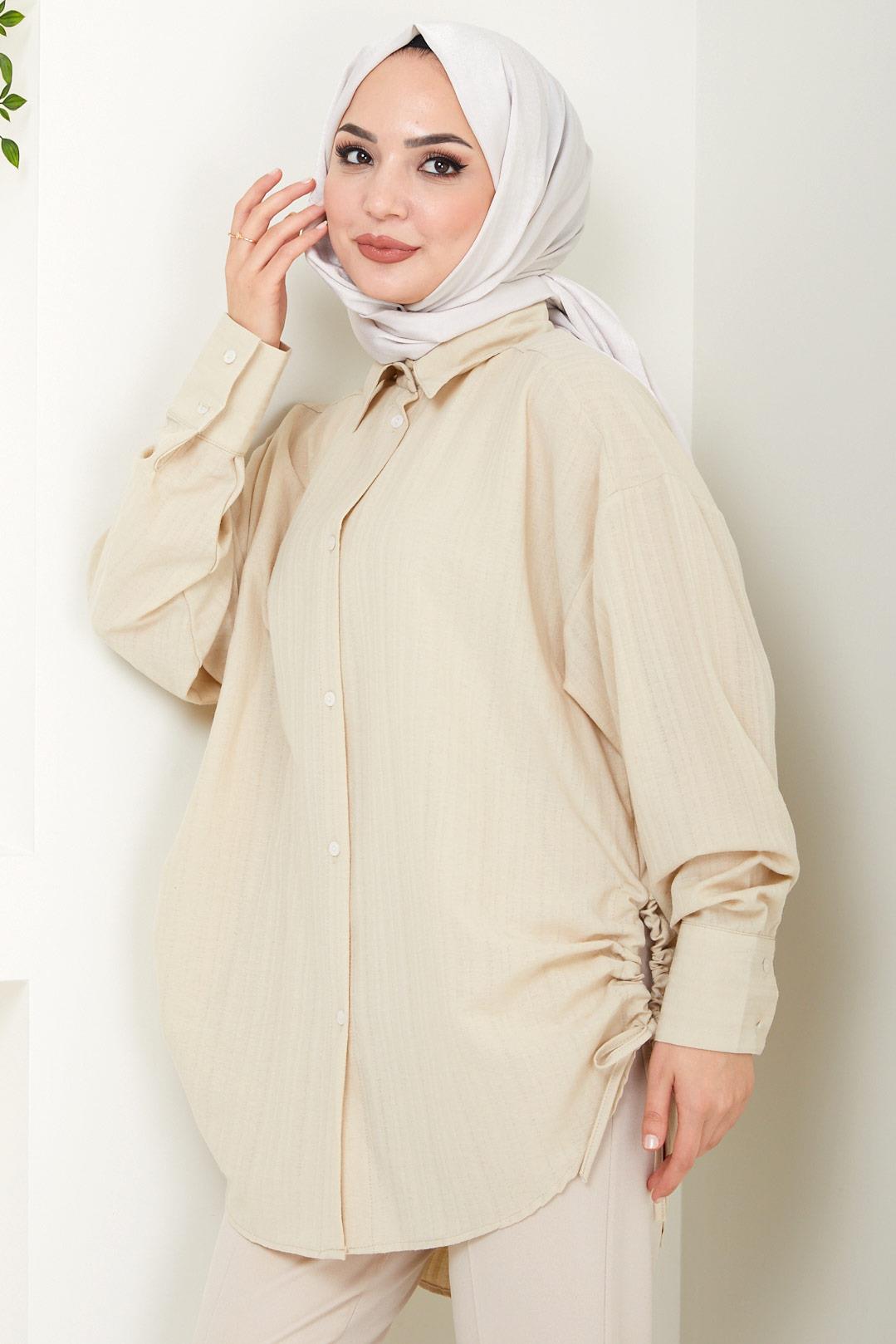Yandan Bağlamalı Oversize Gömlek Bej HM2471