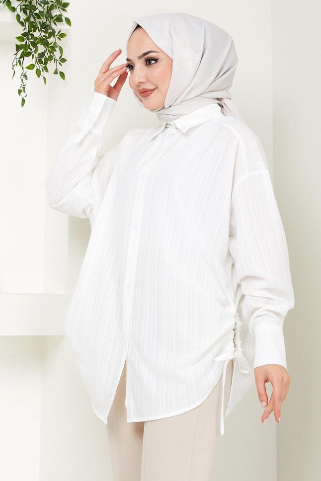 Yandan Bağlamalı Oversize Gömlek Beyaz HM2471