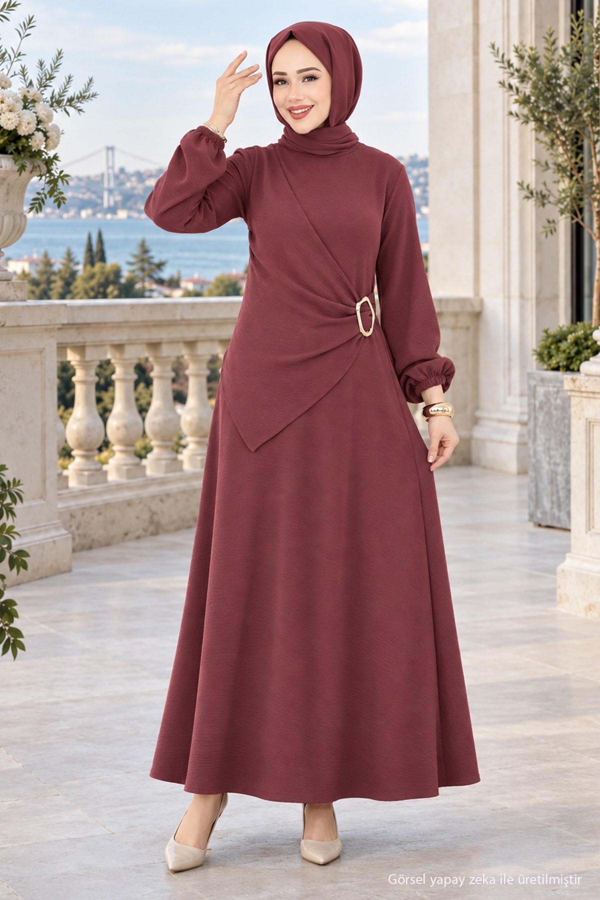 Yandan Tokalı Ayrobin Elbise Gül Kurusu HM2914