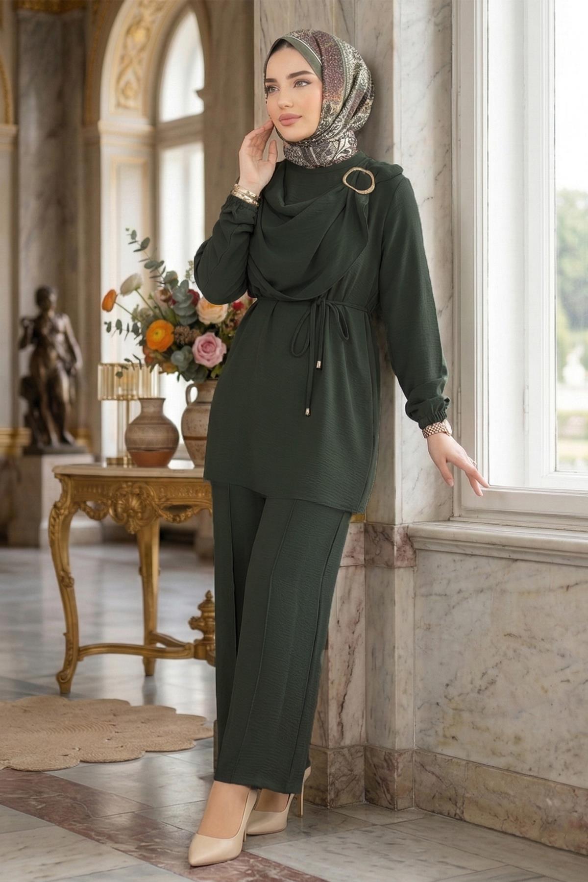 Yandan Tokalı Pantolonlu Ayrobin Takım Haki HM2901